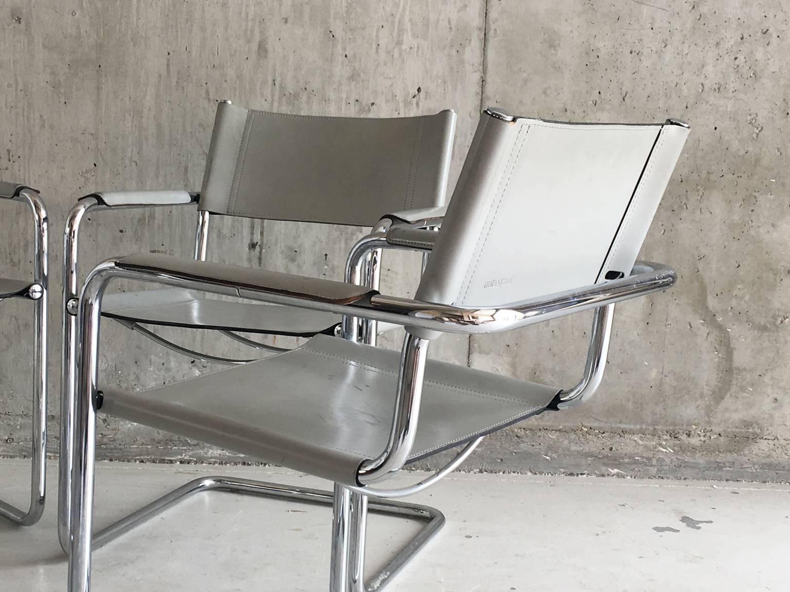 Mid-Century Modern Four Original Matteo Grassi ‘MG5’ 1970s Italian Grey Leather and Chrome Chairs For Sale