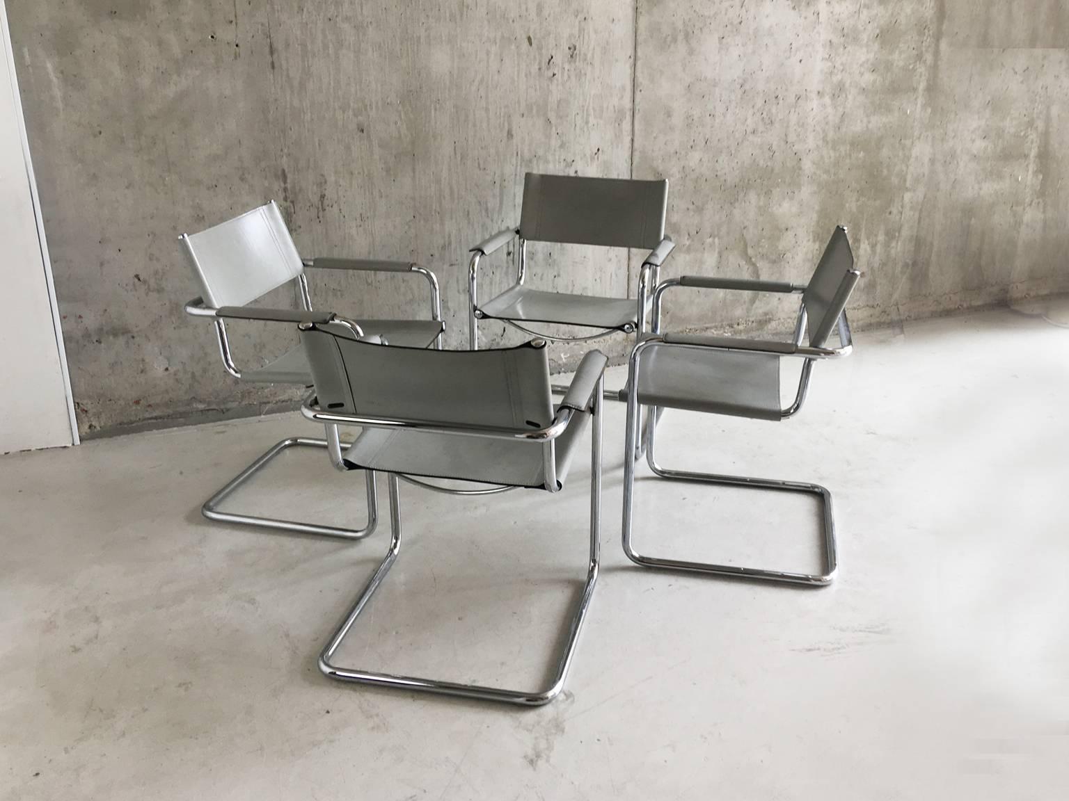 Late 20th Century Four Original Matteo Grassi ‘MG5’ 1970s Italian Grey Leather and Chrome Chairs For Sale
