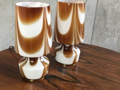 Pair of 1960s Belgian Table Lamps with Brass Base Glass Shades with Swirl Stripe