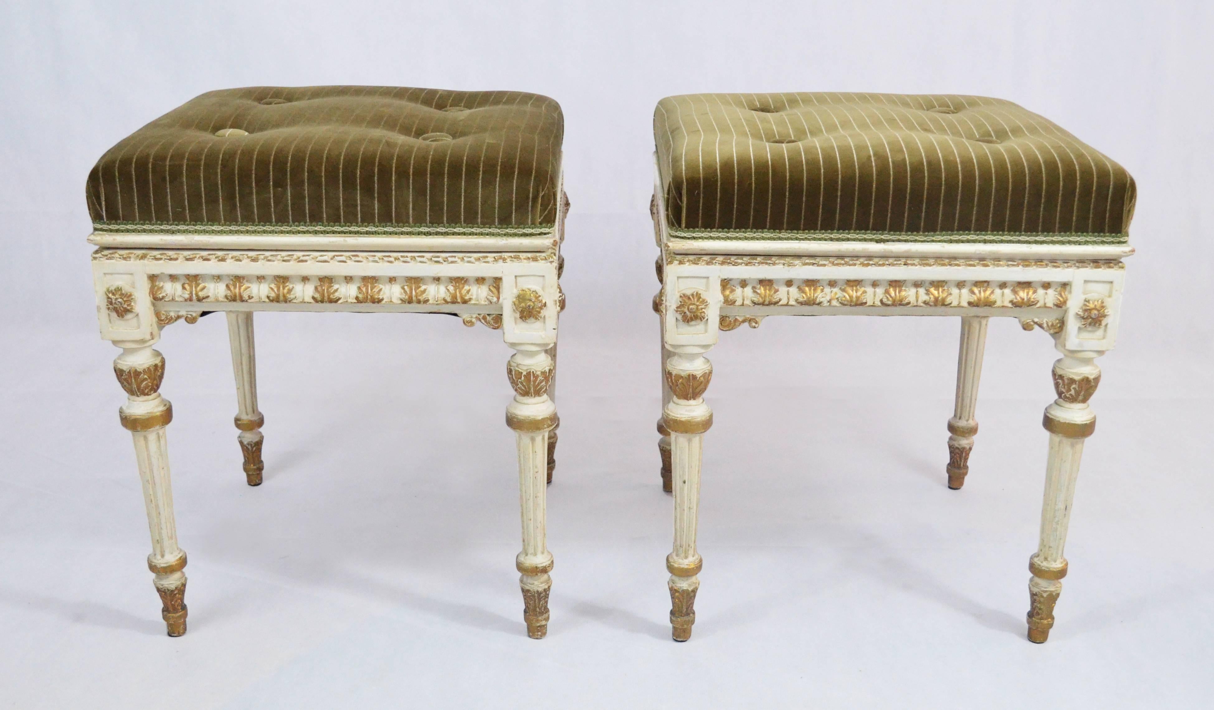 Two small carved wood, velvet seat, small benches. The carved wood is still in its original lacquer on the style of Louis XVI. We replaced the old velvet and padding. No additional restore was necessary.
Each small pouf measure 45cm/W. and