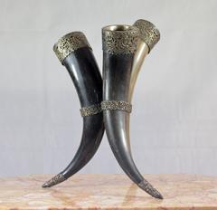 20th Century Decorative Horns with Silver Details