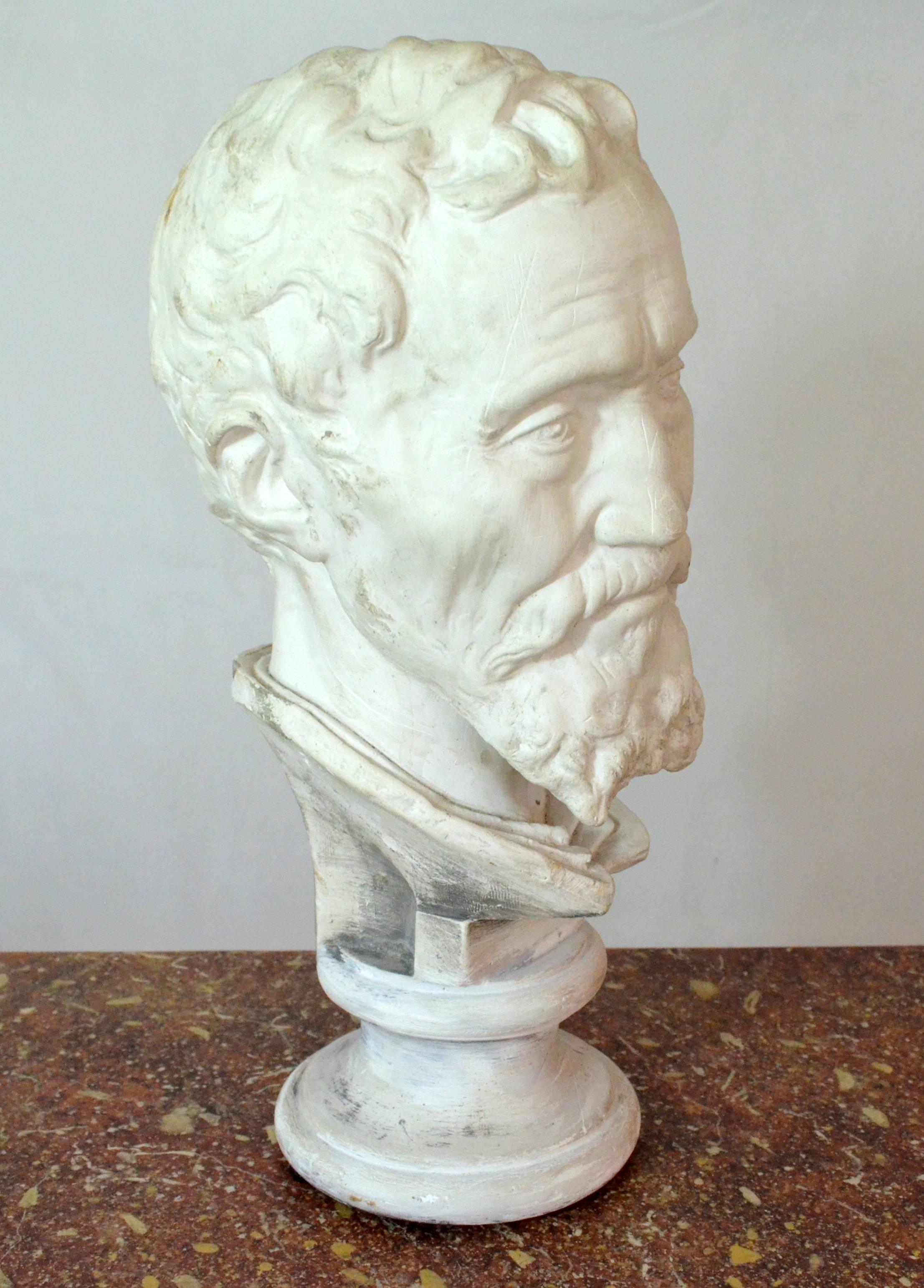 Michelangelo Buonarroti's portrait, from Vasari drawing. The original bust is located on the Michelangelo 's grave in the Church of Santa Croce in Florence, as it is stated in the label on the back. This plaster bust is an academic replica, from