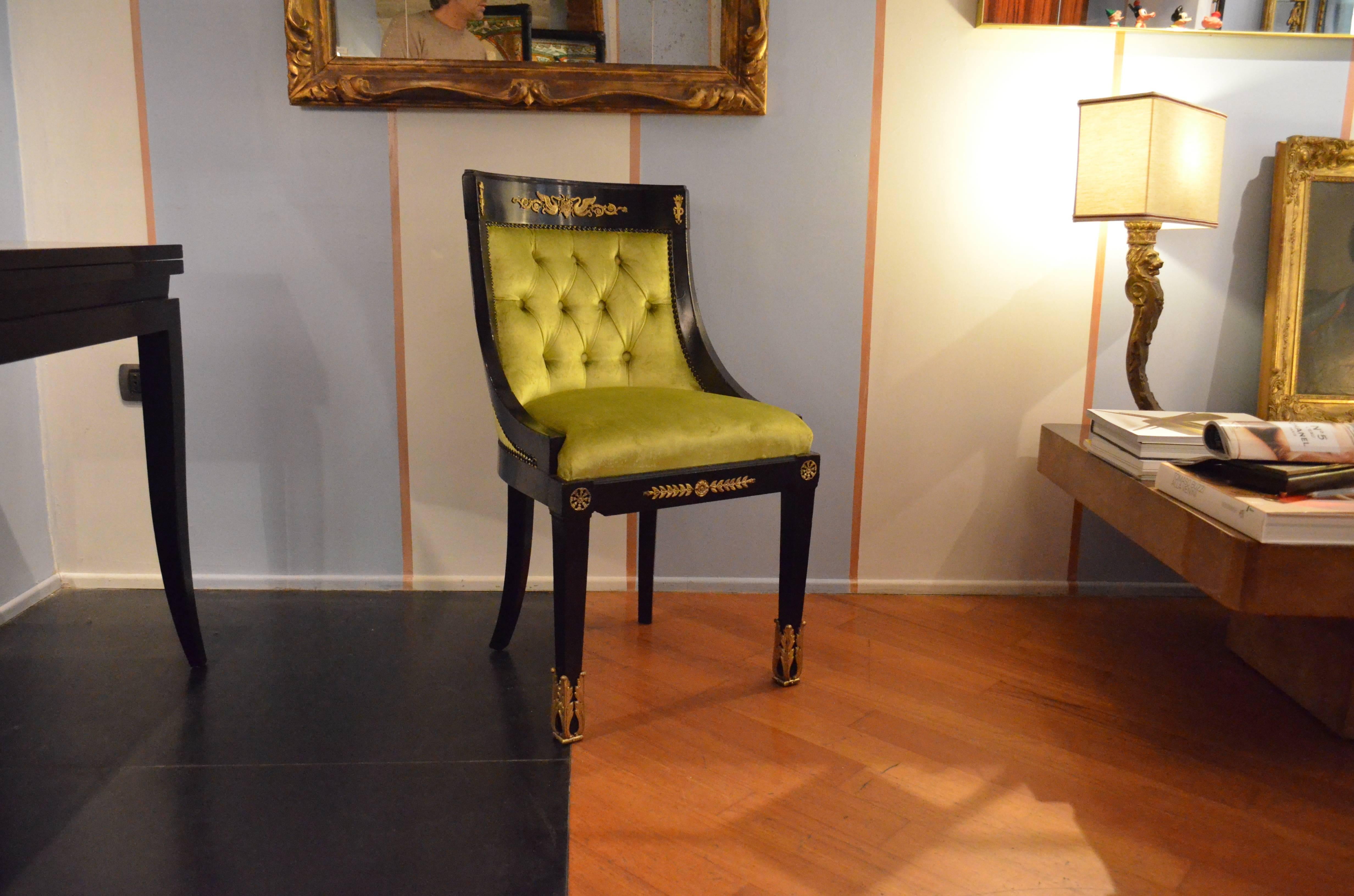 A set of six chairs with original and signed bronzes. The chairs come from France from the period of Napoleon III. They are made in mahogany ebonized wood featuring wonderful bronzes and friezes. Very uncommonly the bronzes are signed as shown in