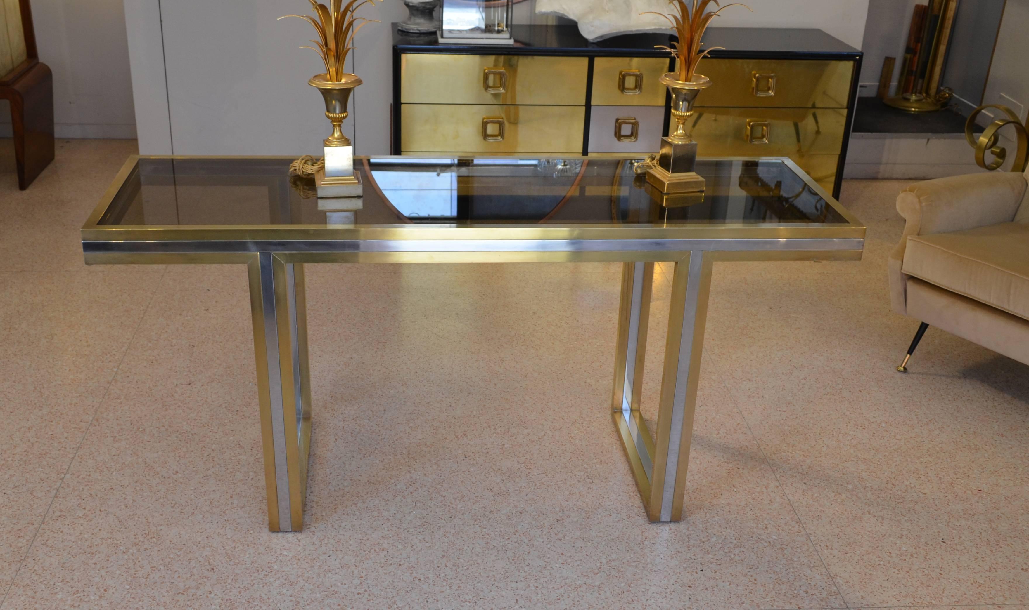 Modern 1970s Brass and Steel Smoked Glass Top Table Console at Rega manner