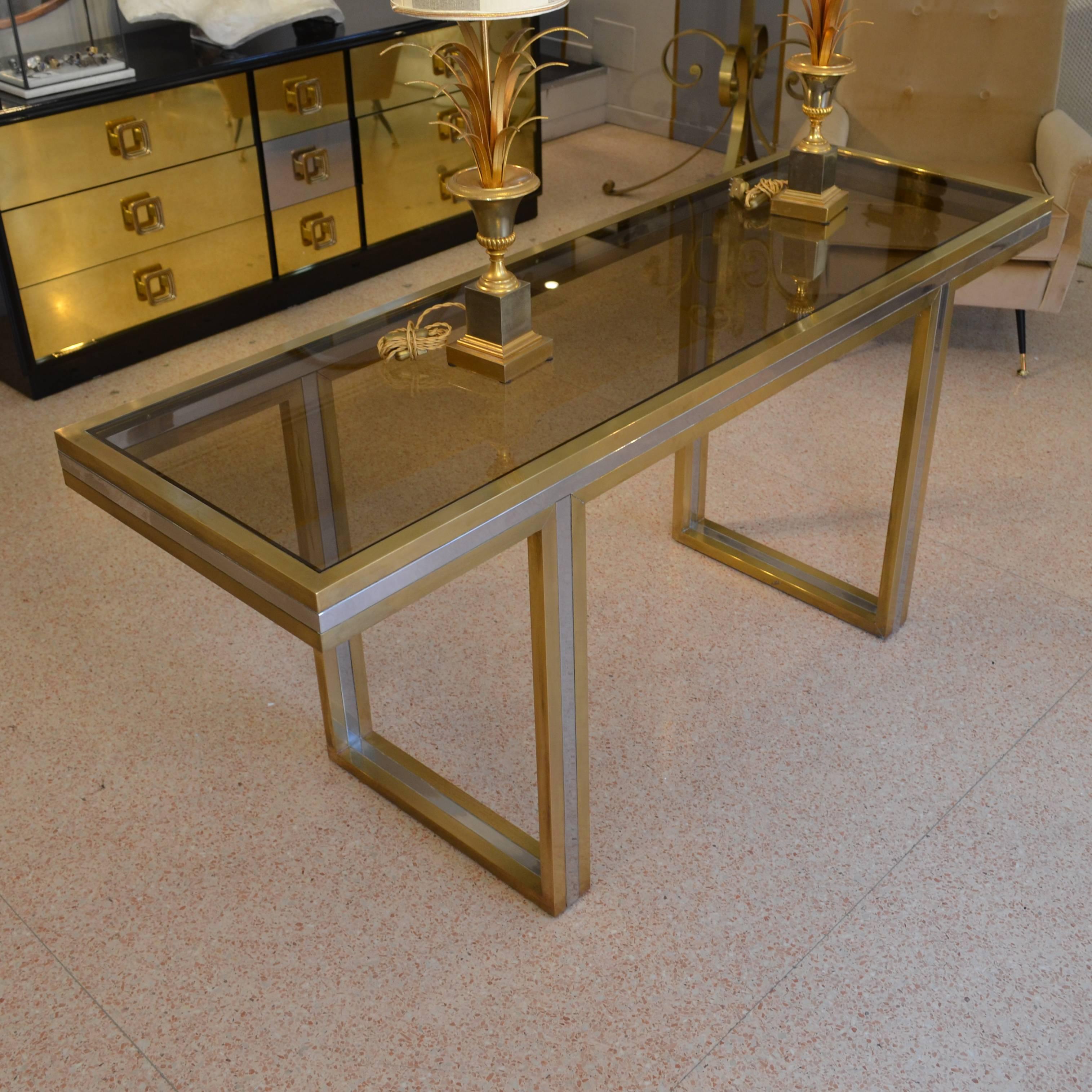 Late 20th Century 1970s Brass and Steel Smoked Glass Top Table Console at Rega manner