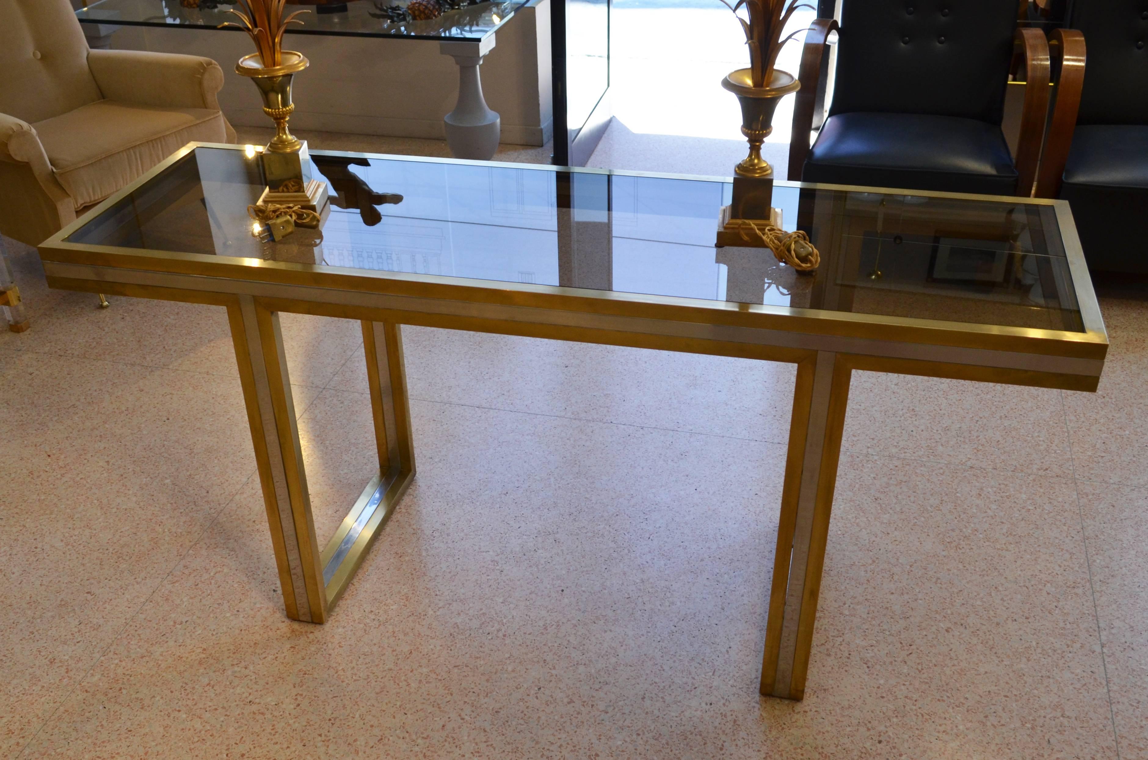 1970s Brass and Steel Smoked Glass Top Table Console at Rega manner 1