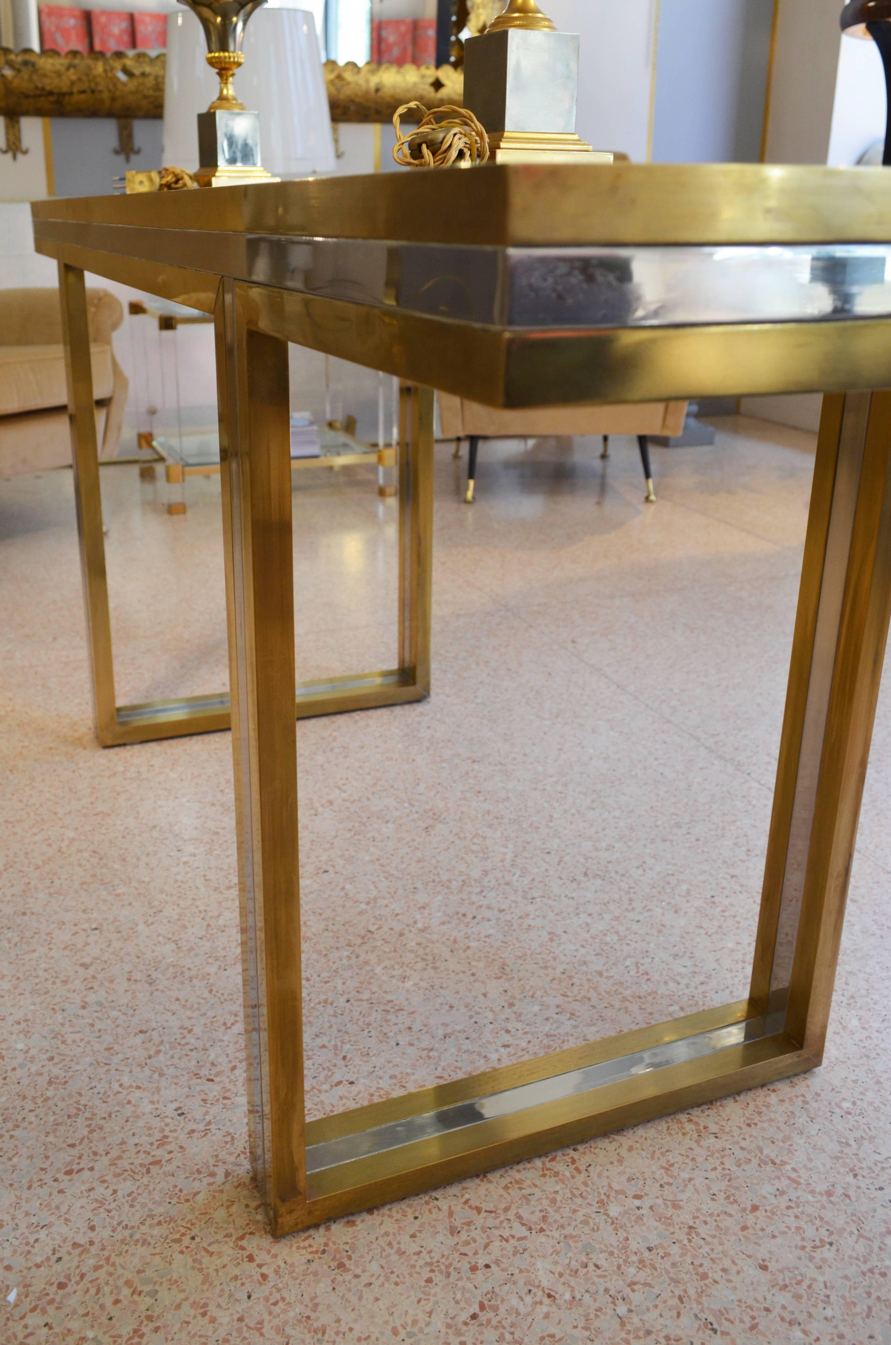 1970s Brass and Steel Smoked Glass Top Table Console at Rega manner 2