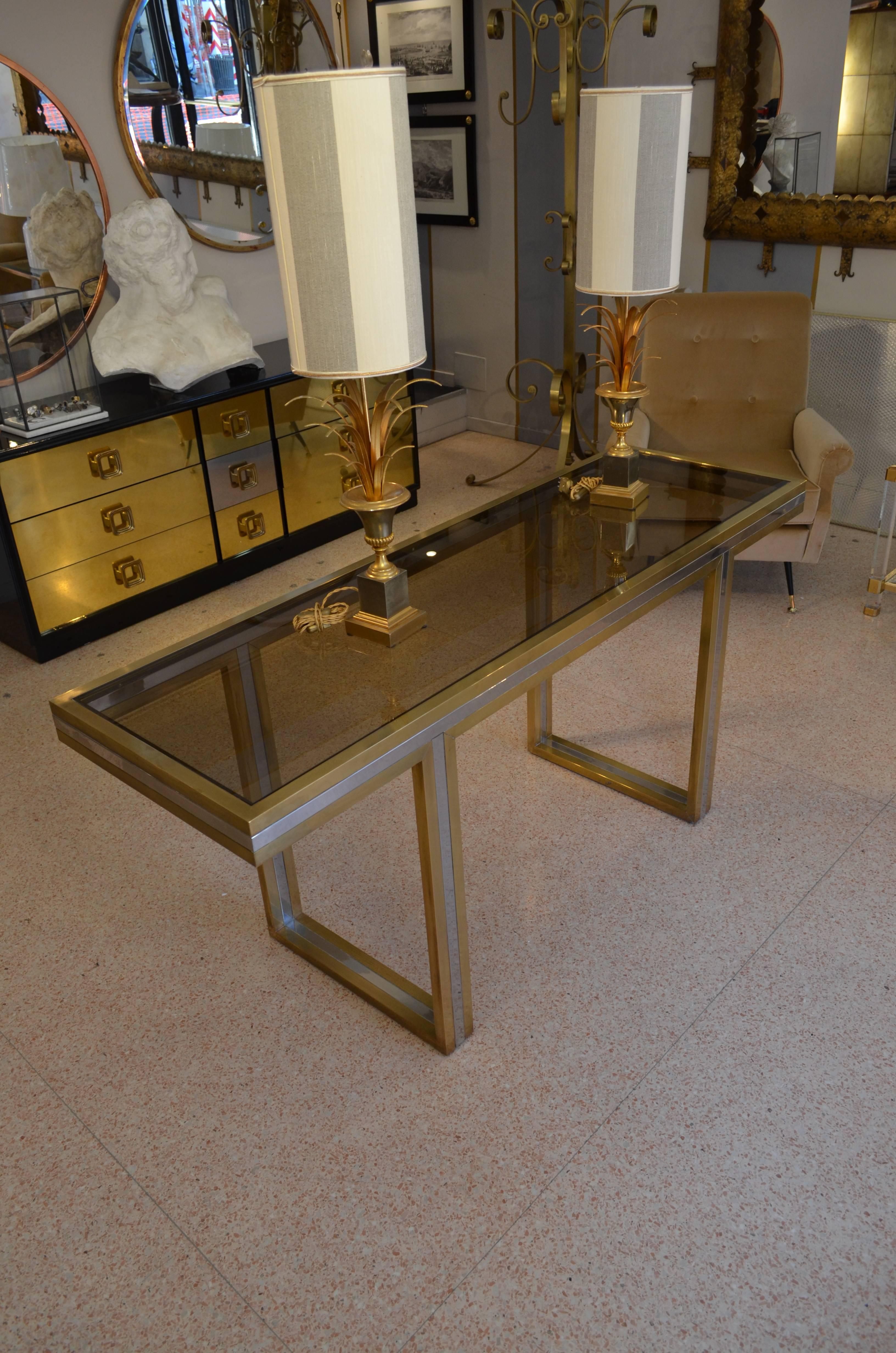 1970s Brass and Steel Smoked Glass Top Table Console at Rega manner 3