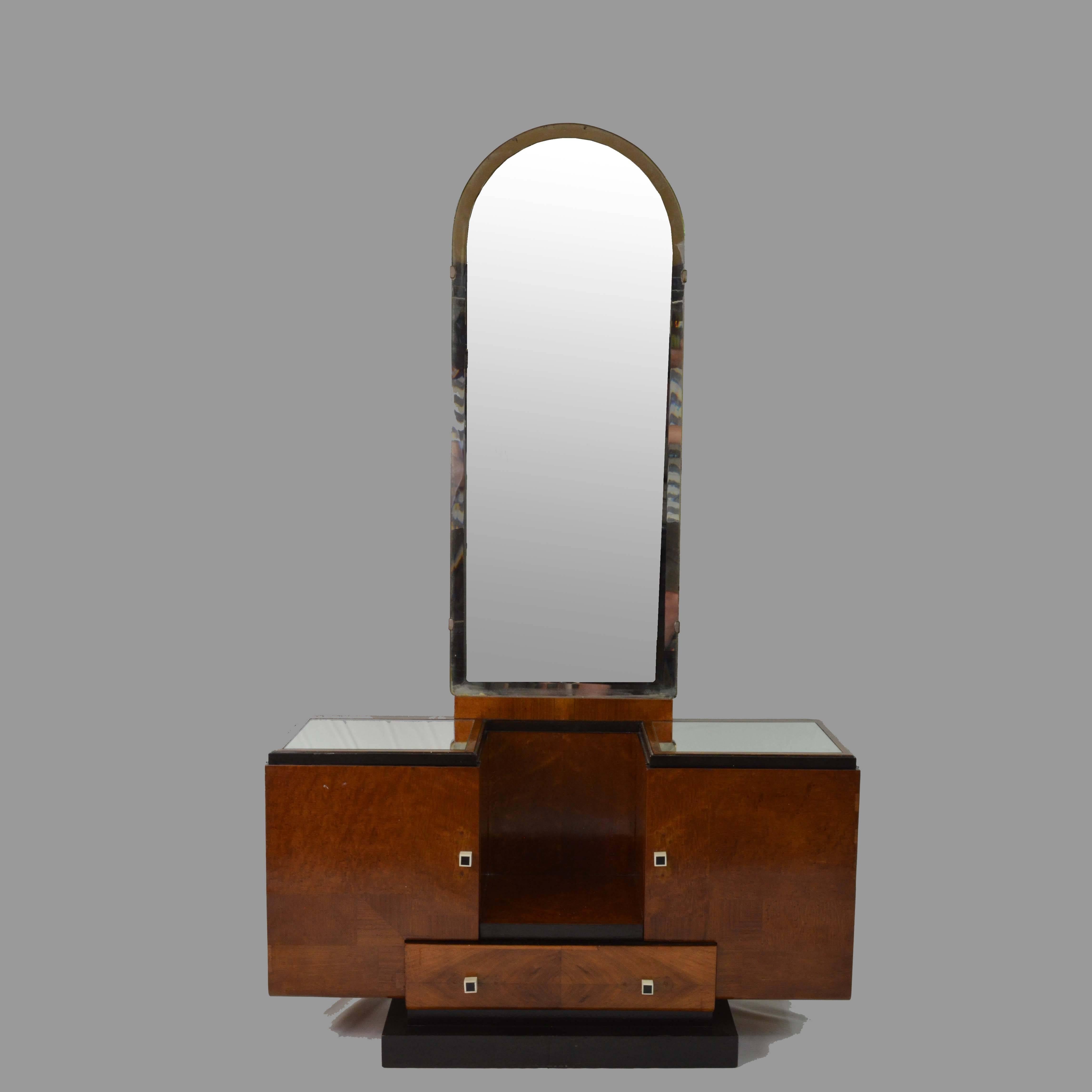 Art Deco Wood and Black details Vanity Table Mirror and Stool, France 1930s  1