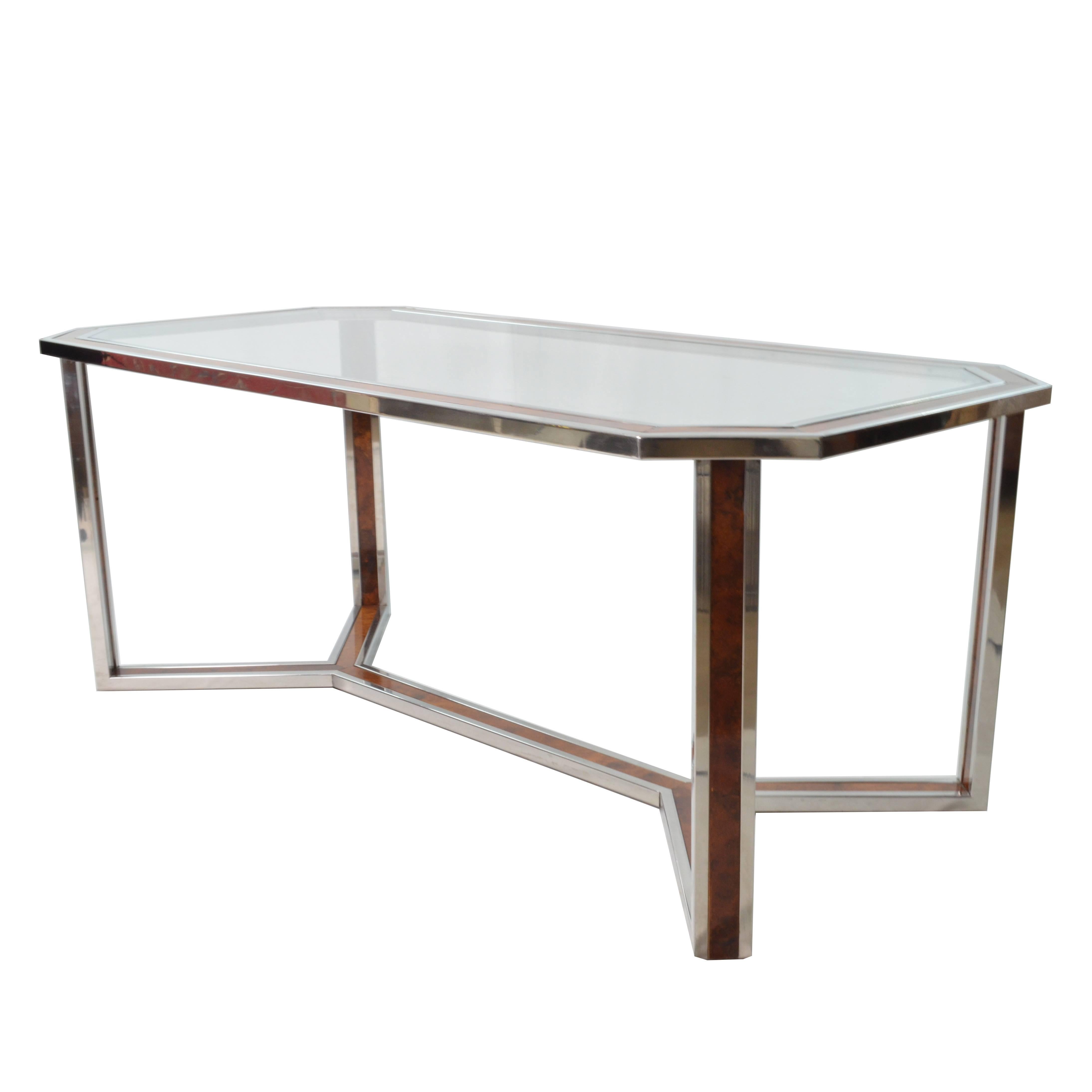 1970s Hexagonal Steel and Wood Table Attributed to Romeo Rega