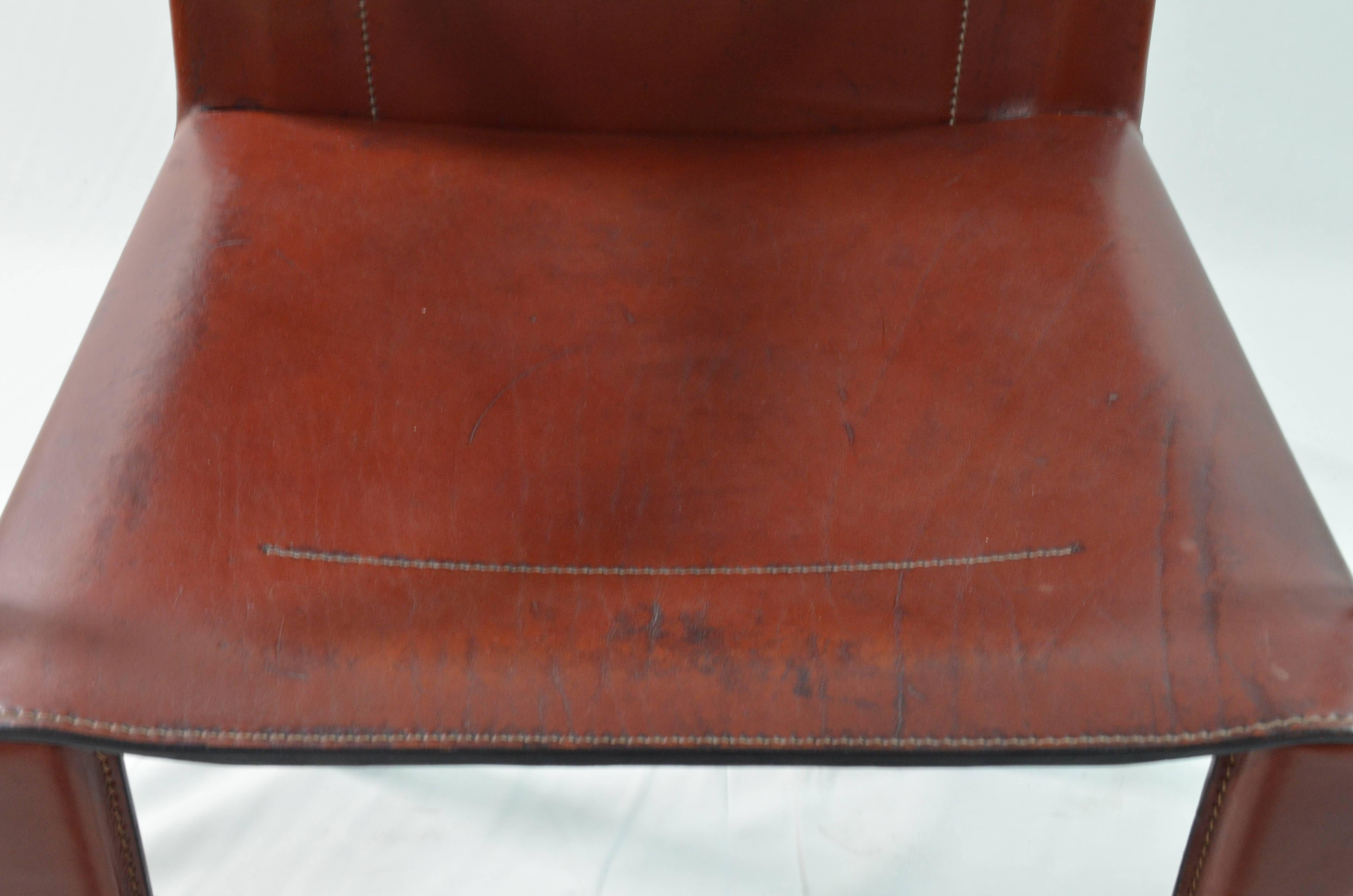 Italian Six Red Brown Leather Chairs with Armrest Signed by Matteo Grassi, 1980s 4