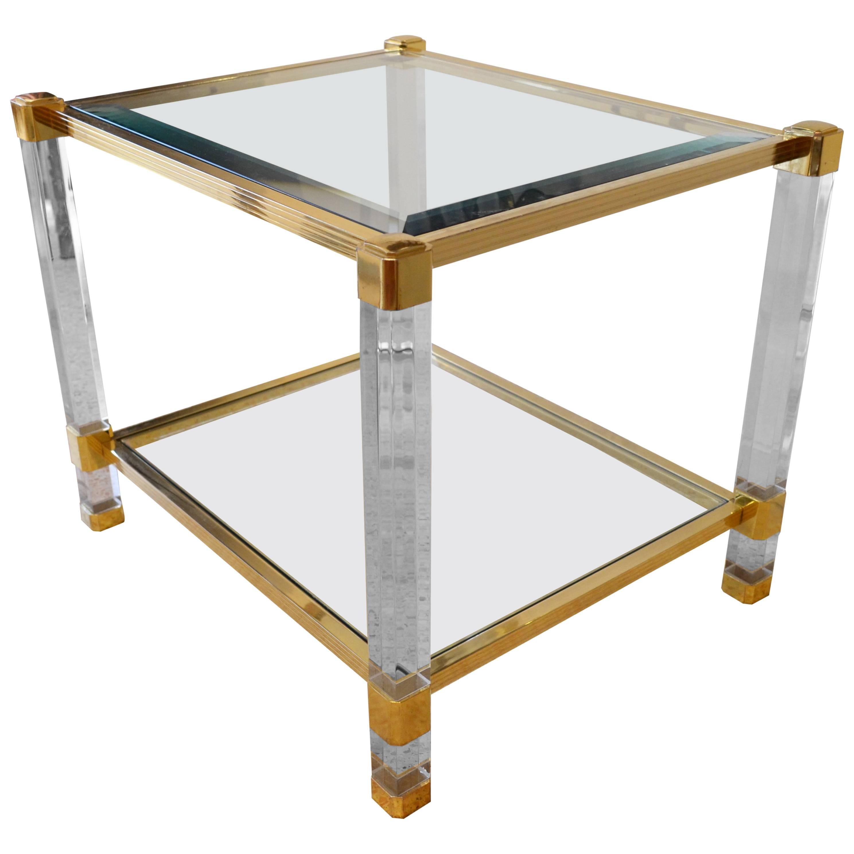 French Plexiglass Brass and Crystal Top Table, 1980s