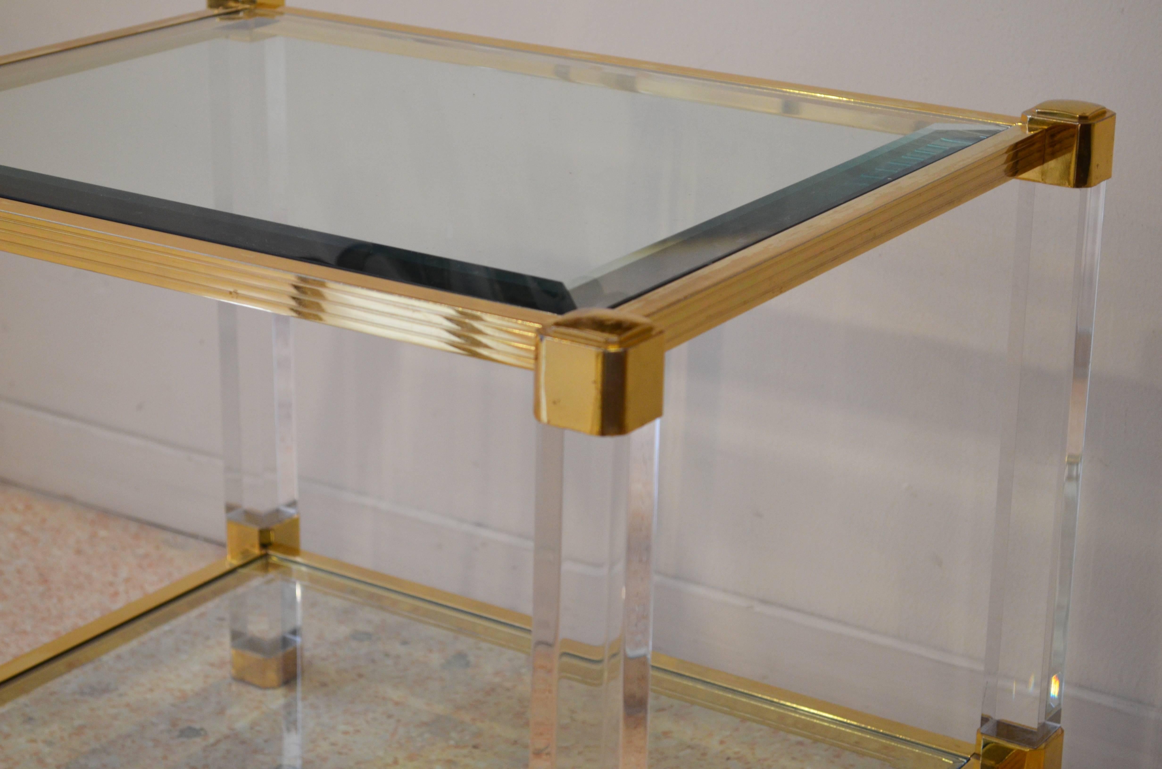 Hollywood Regency French Plexiglass Brass and Crystal Top Table, 1980s