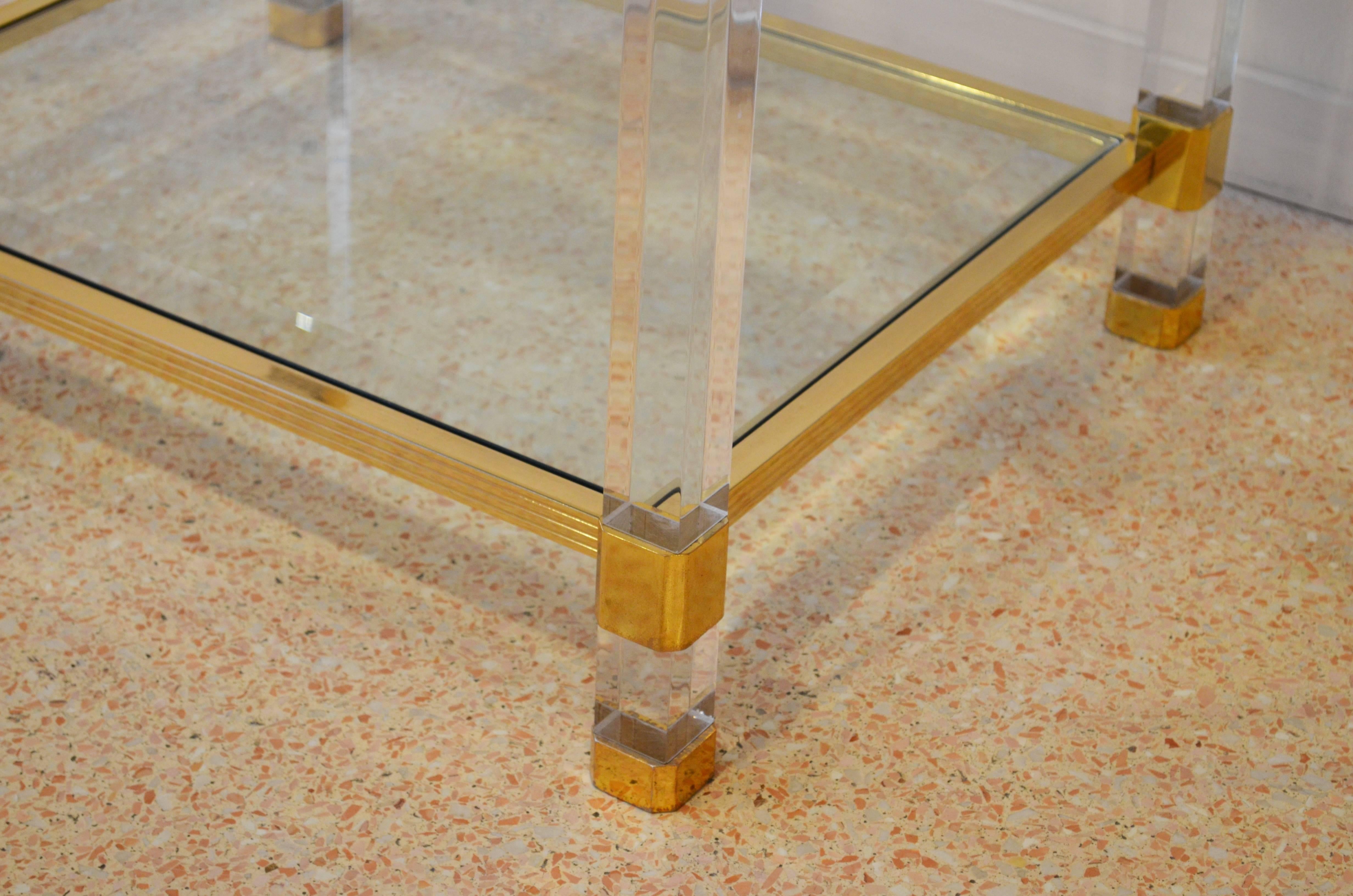 European French Plexiglass Brass and Crystal Top Table, 1980s