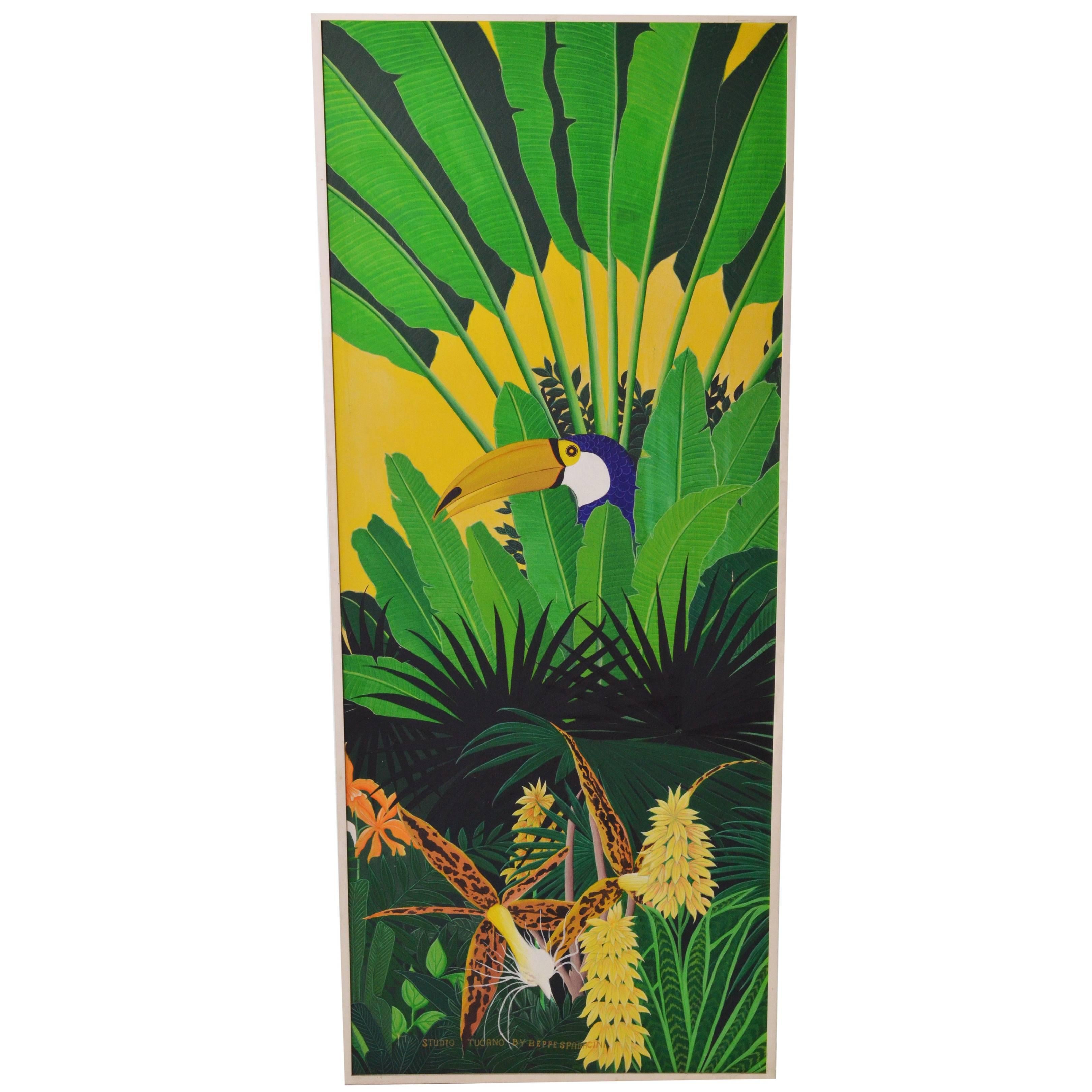 A set of four decorative tropical subject panels. Jungle, birds and a wonderful Tucano are represented in colorful and joyful composition. Oil on canvas framed in black wood frames. In pictures you will find the panels without frames also. the