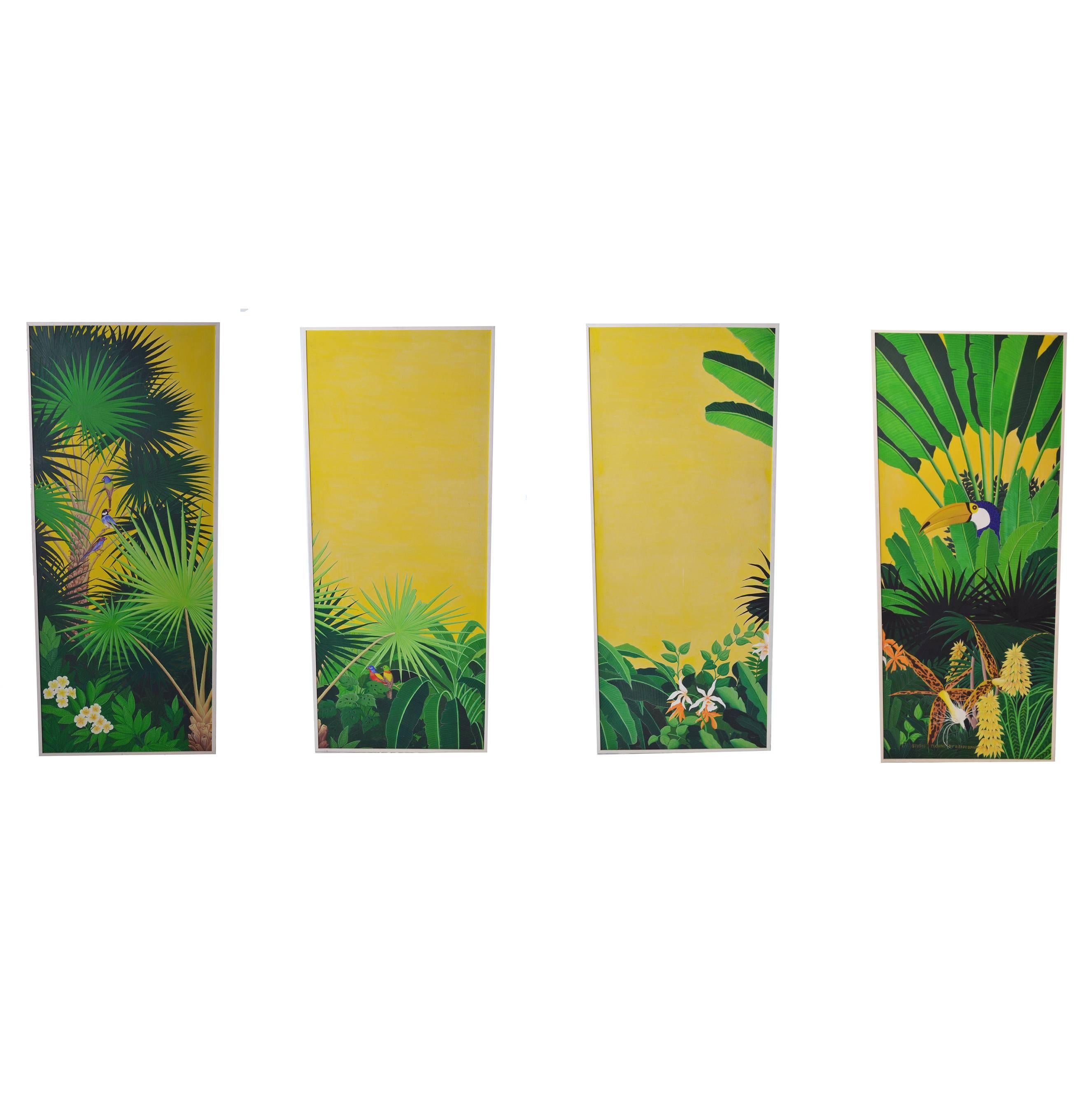 Modern Italian Four Tropical and Colorful Oil on Canvas Panels by Spadacini, 1990s