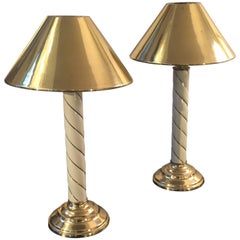 Bedside Golden Brass and Cream Color Striped Table Lamps, Italy, 1970s