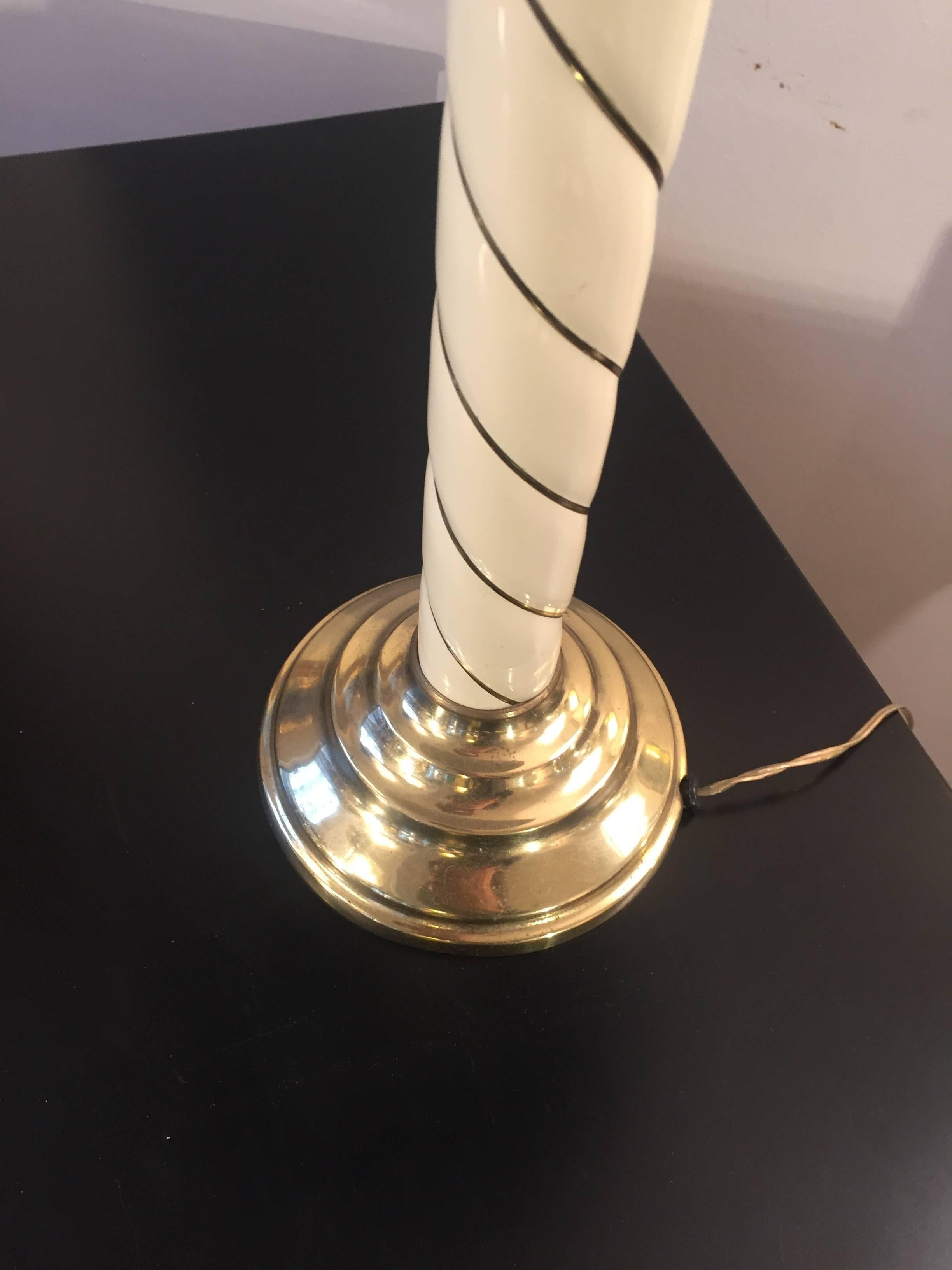 20th Century Bedside Golden Brass and Cream Color Striped Table Lamps, Italy, 1970s