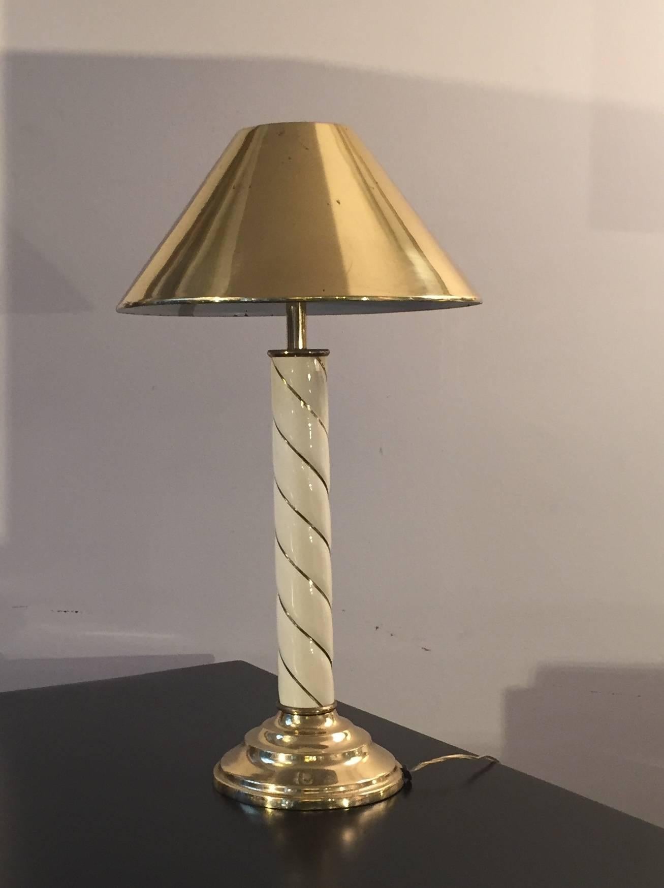 Bedside Golden Brass and Cream Color Striped Table Lamps, Italy, 1970s 4