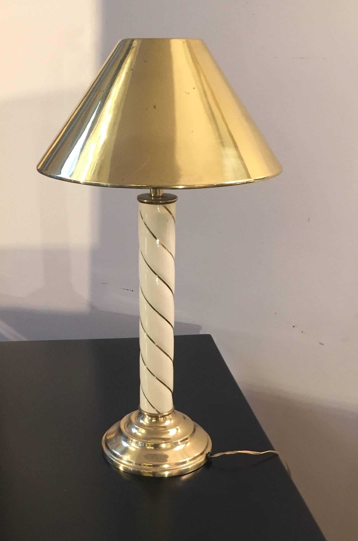 Bedside Golden Brass and Cream Color Striped Table Lamps, Italy, 1970s 5