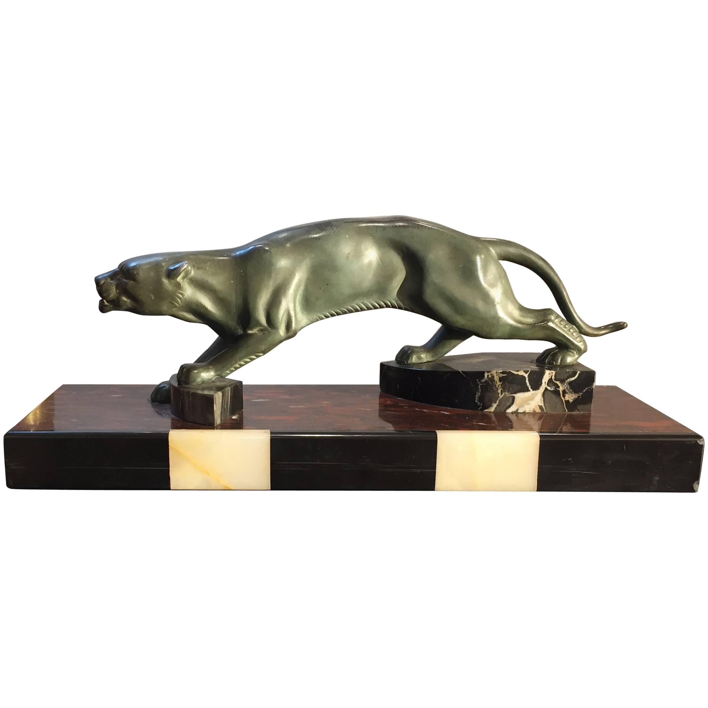Art Deco Decorative Panther and Black White Marble Base Animal Sculpture, 1930s 