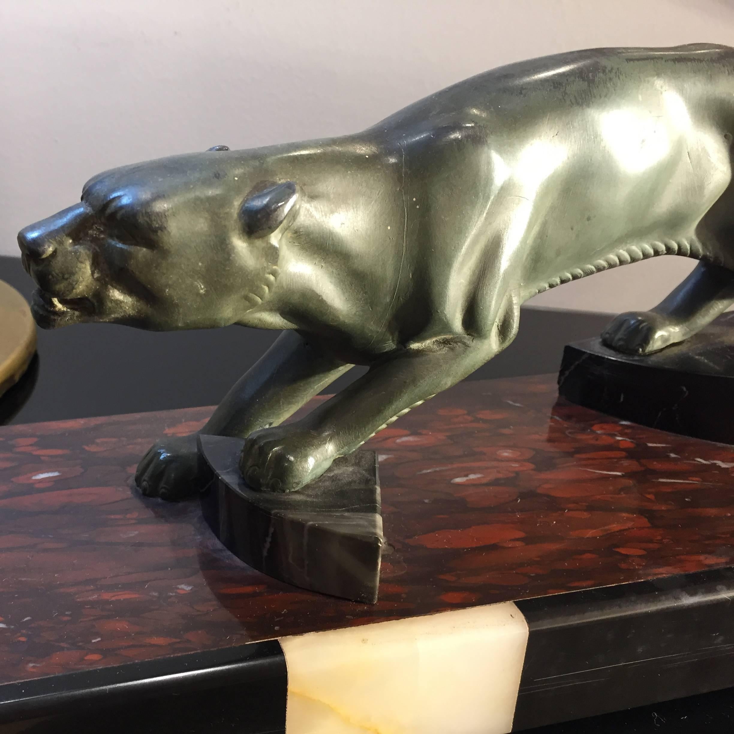 European Art Deco Decorative Panther and Black White Marble Base Animal Sculpture, 1930s 