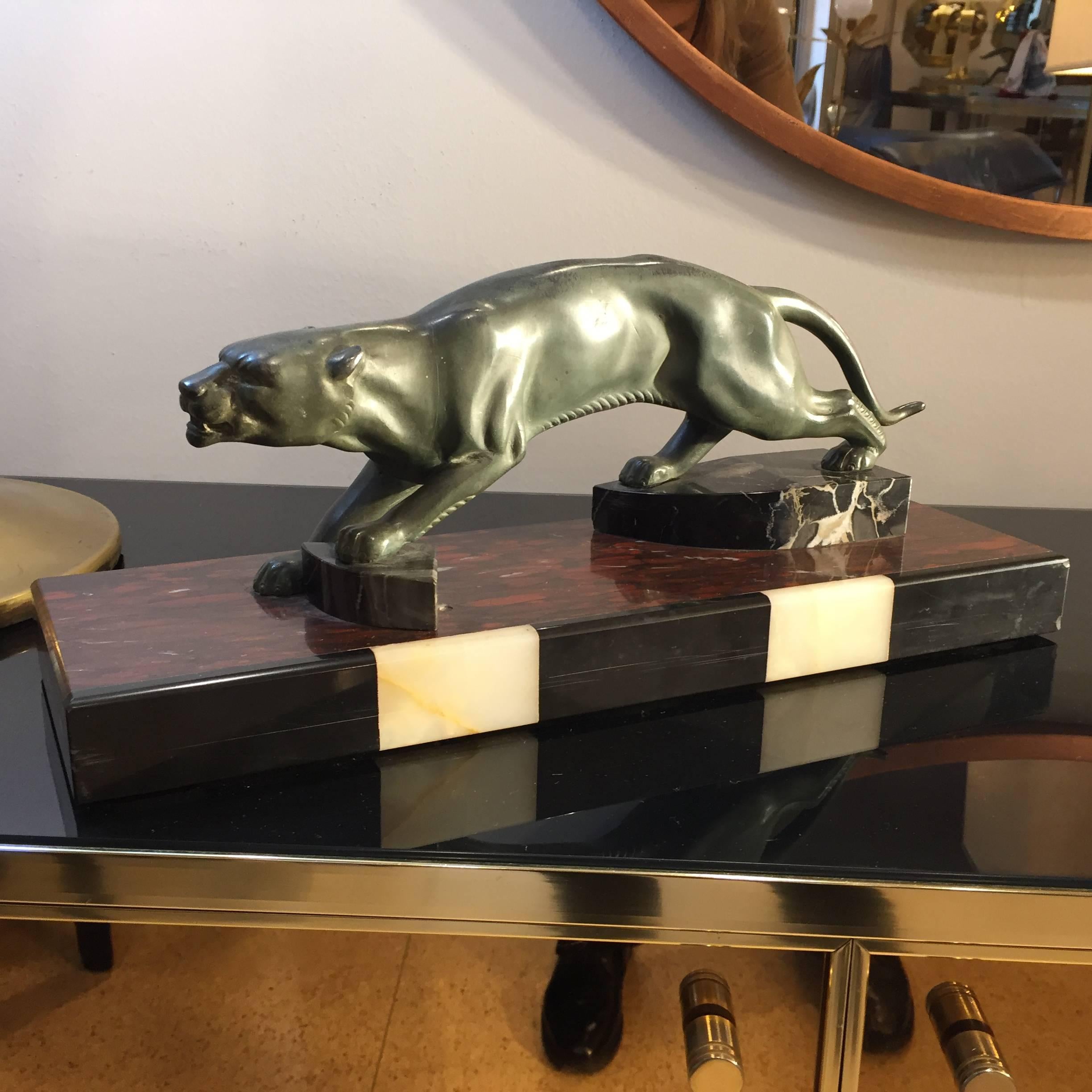 20th Century Art Deco Decorative Panther and Black White Marble Base Animal Sculpture, 1930s 