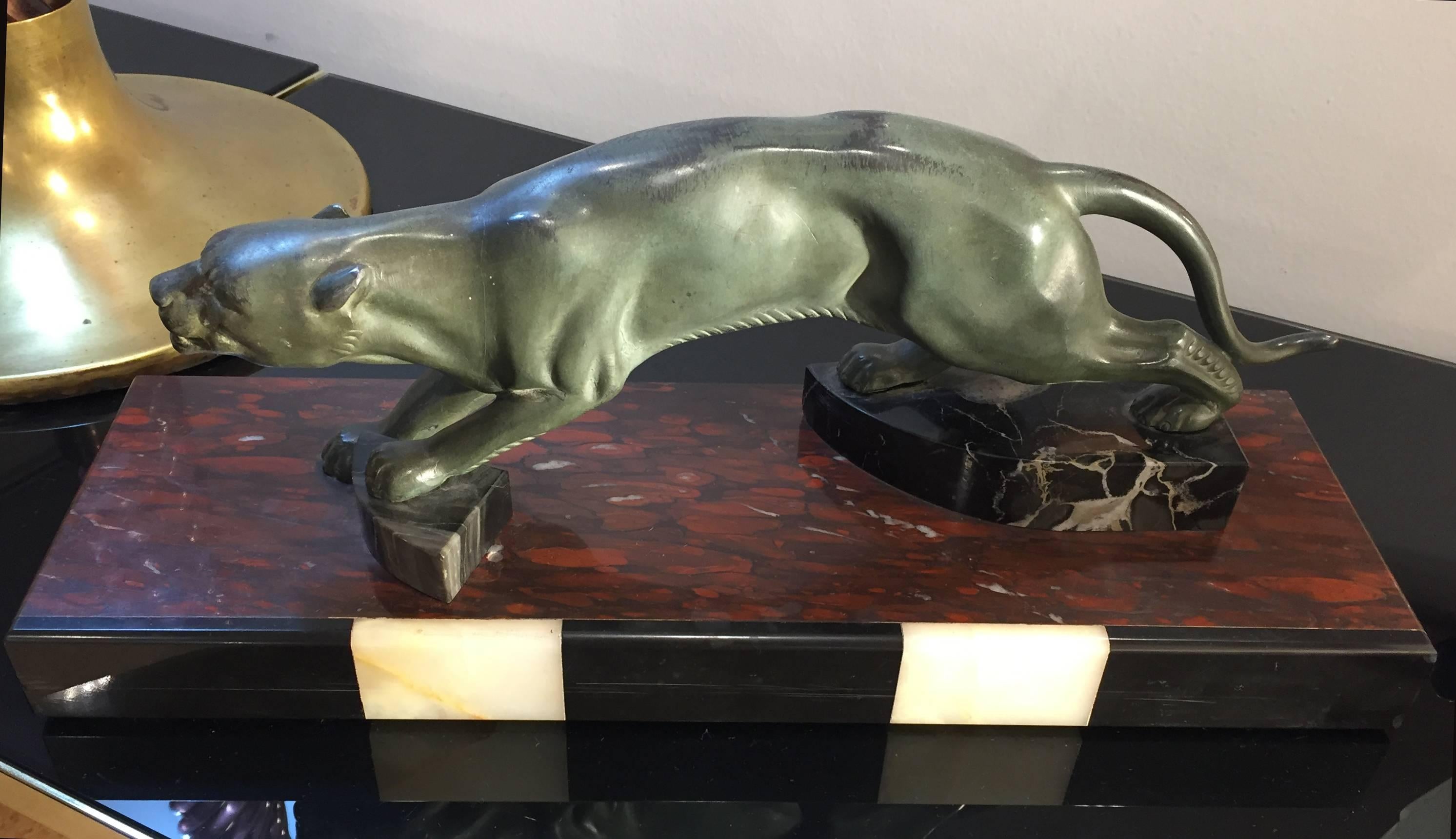 Art Deco Decorative Panther and Black White Marble Base Animal Sculpture, 1930s  1