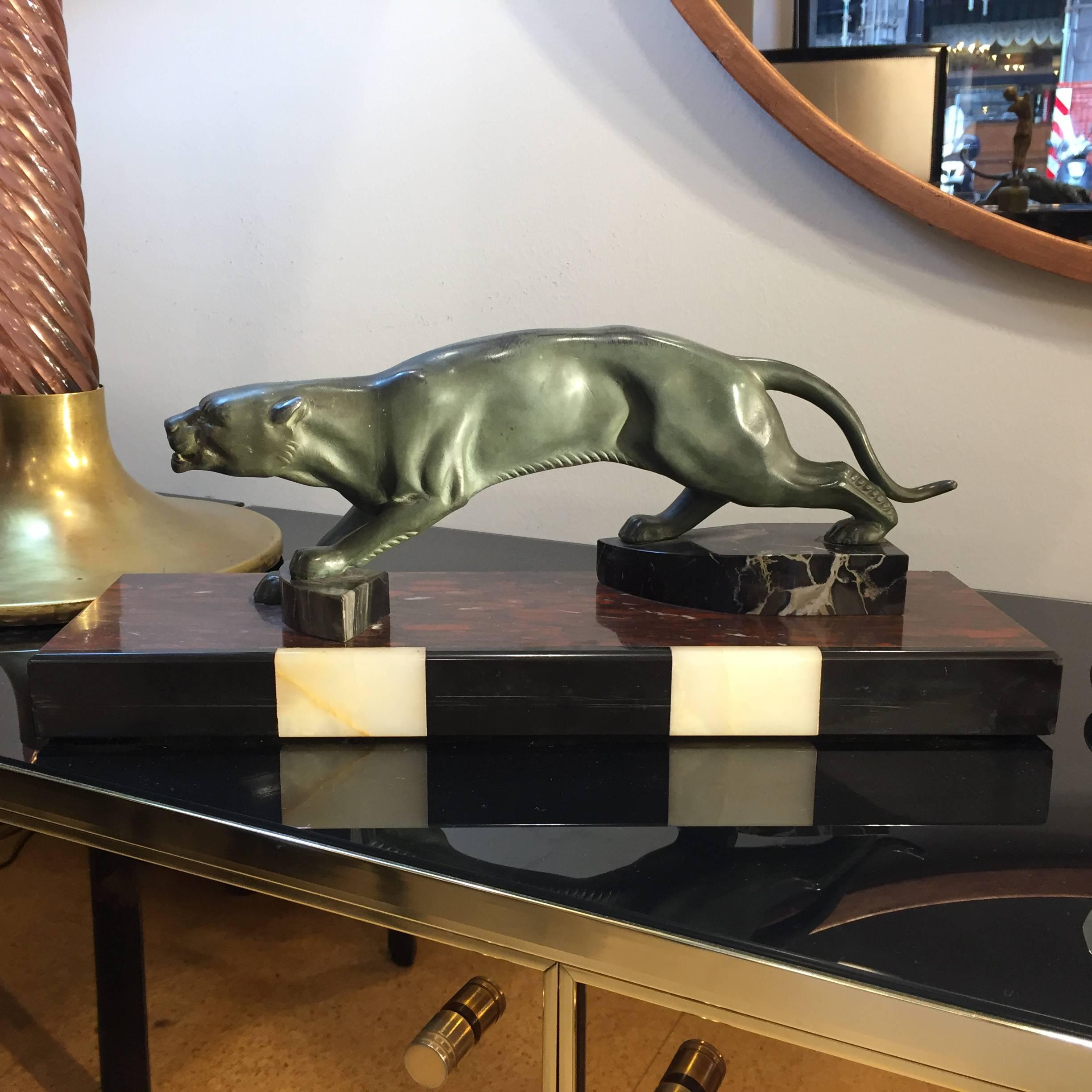 Art Deco Decorative Panther and Black White Marble Base Animal Sculpture, 1930s  2