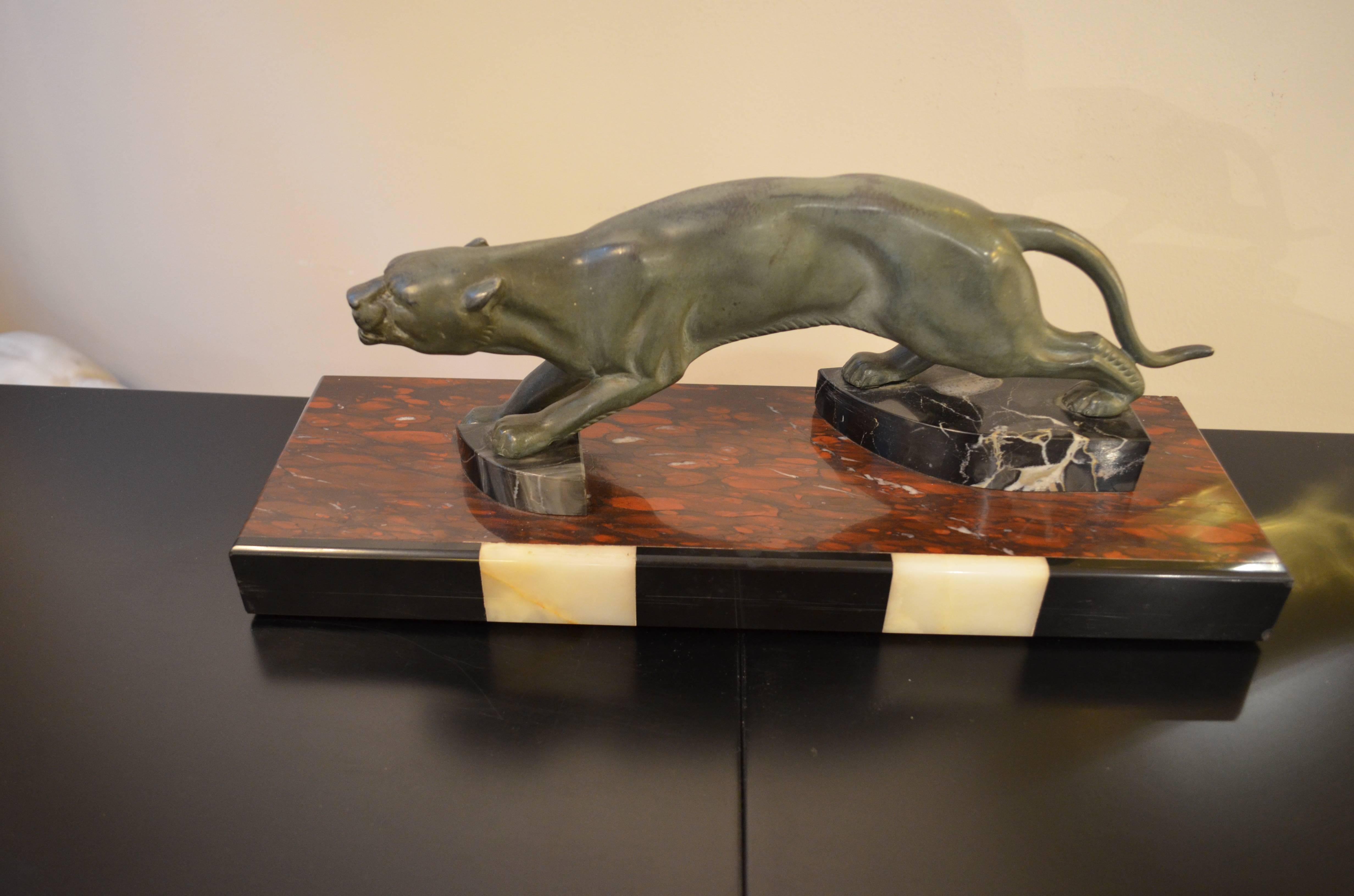 Art Deco Decorative Panther and Black White Marble Base Animal Sculpture, 1930s  3