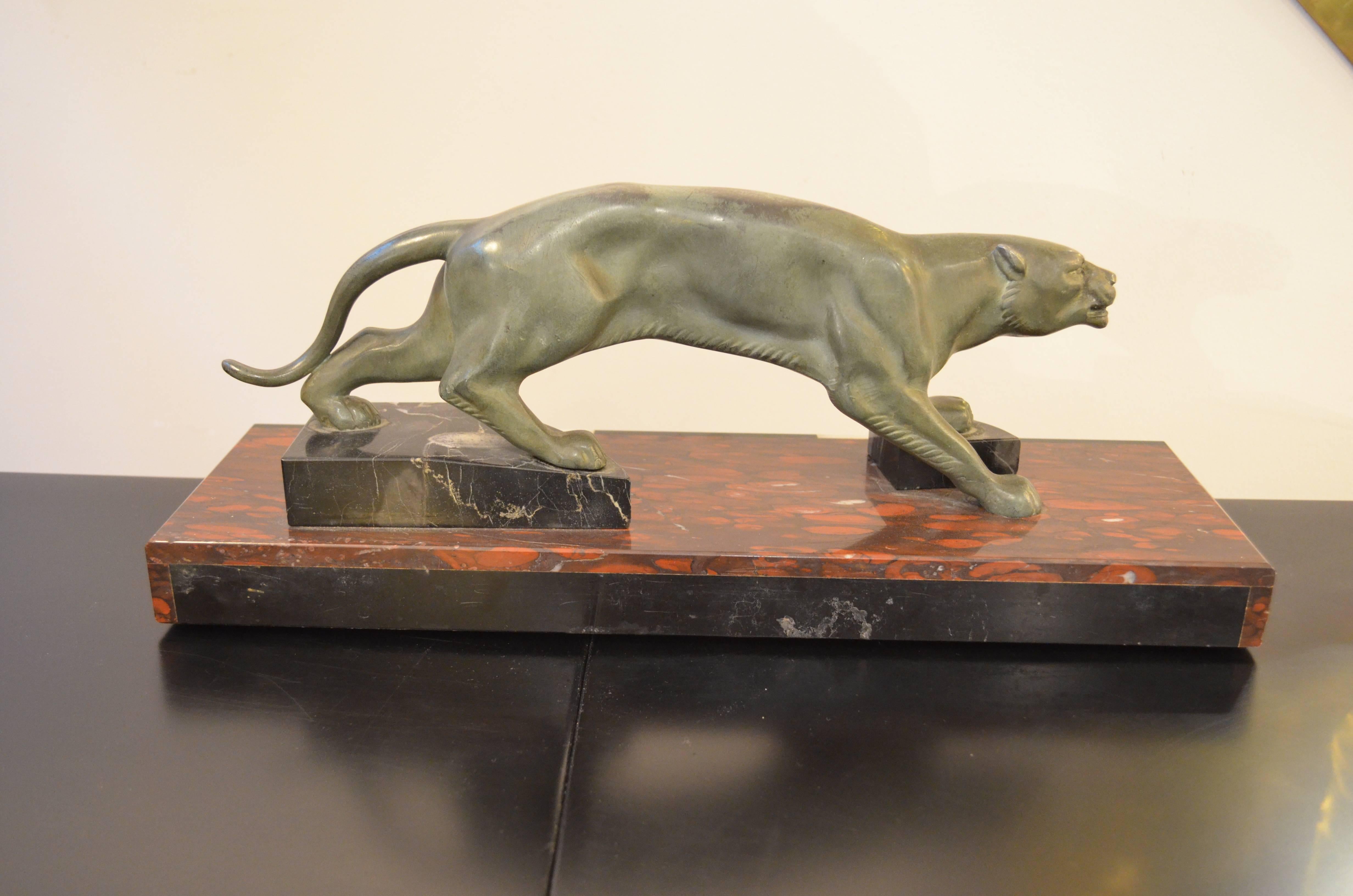 Art Deco Decorative Panther and Black White Marble Base Animal Sculpture, 1930s  4