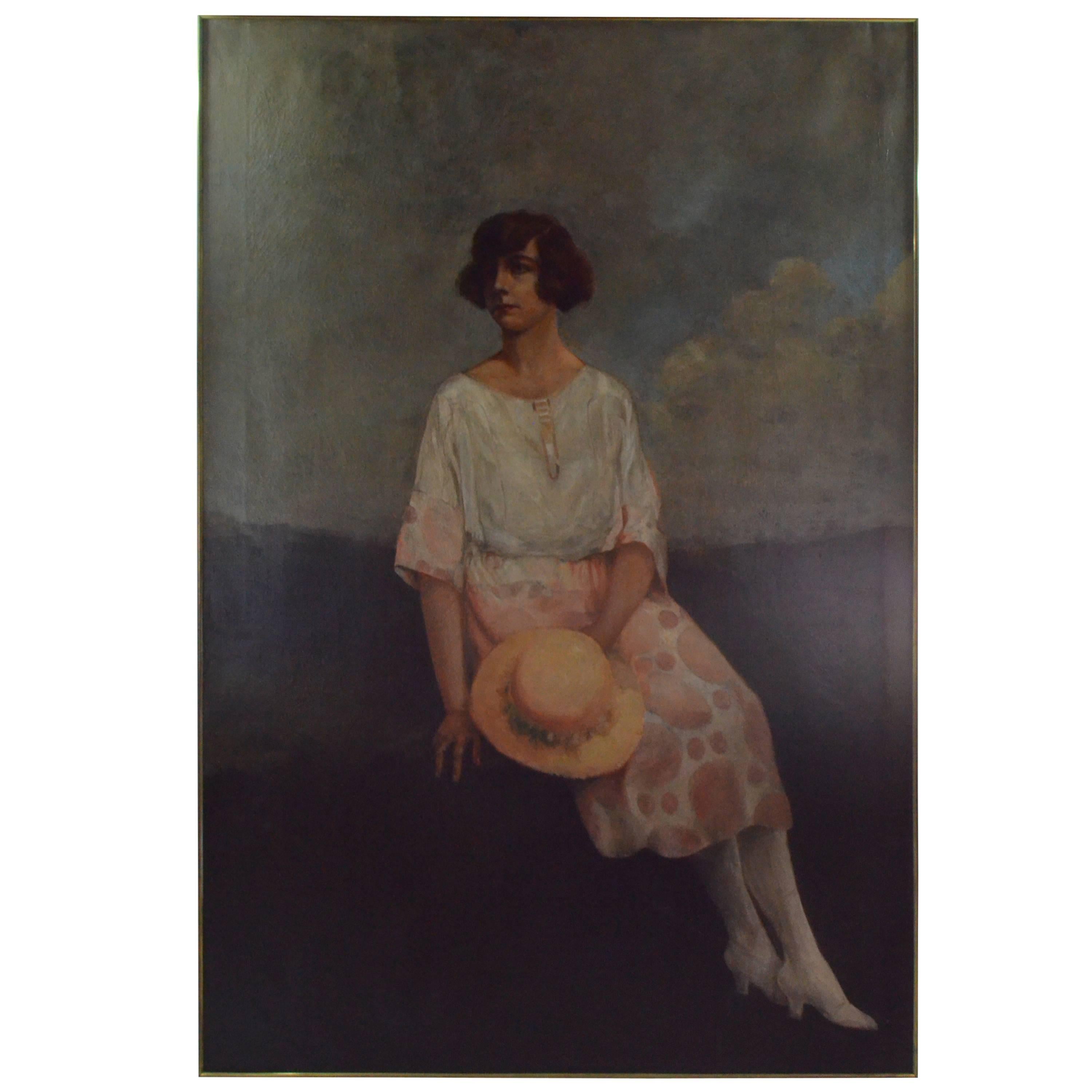 Art Deco Painting Young Woman Portrait Oil on Canvas, Dated 1920