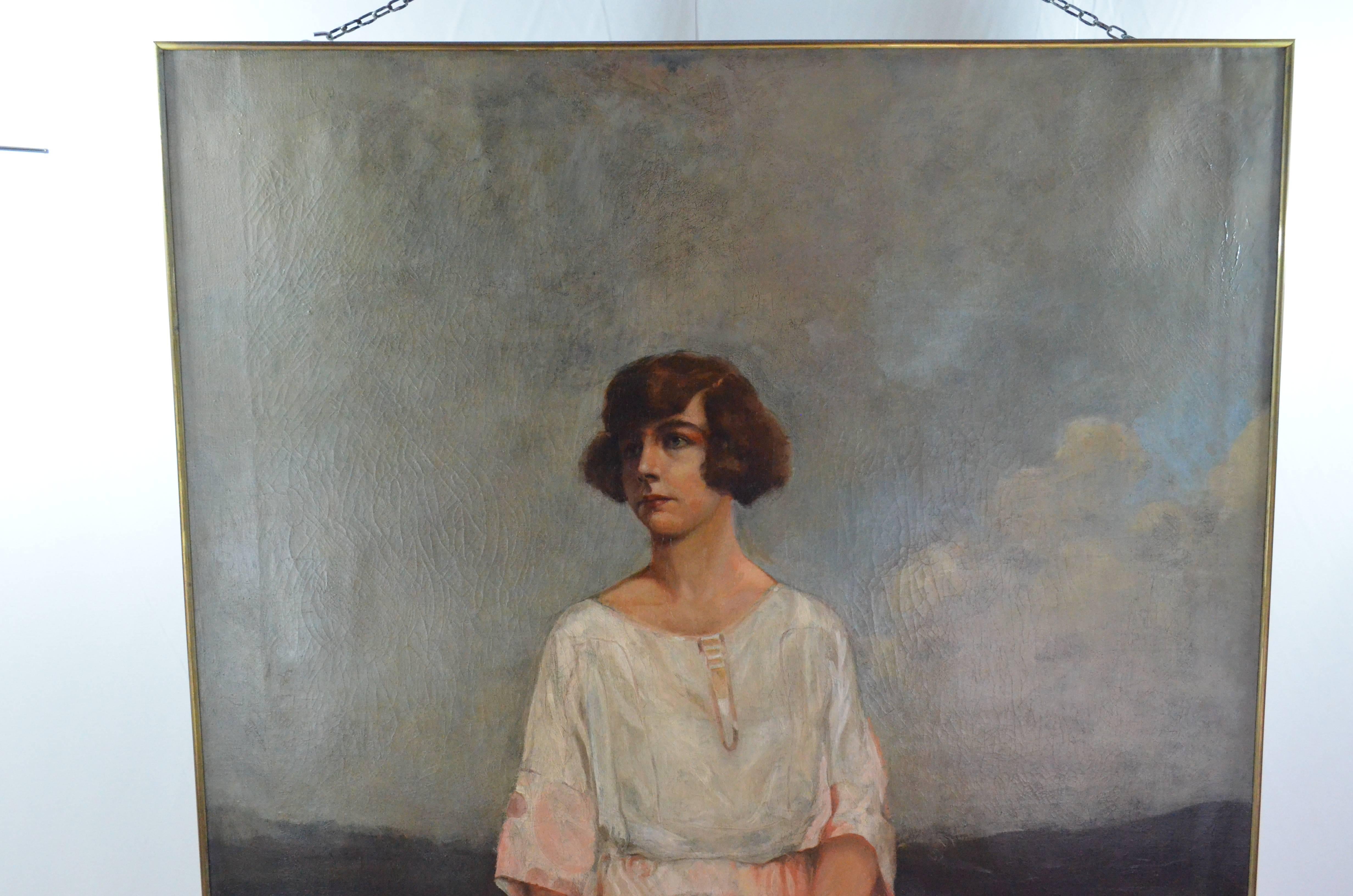 Oil on canvas painting portrait of a young woman gently seating carrying a hat in her hand. The painting is dated 1920. Conservative restoration. Contemporary brass linear frame.
Image size: 127 cm wide, 185 cm high.

 