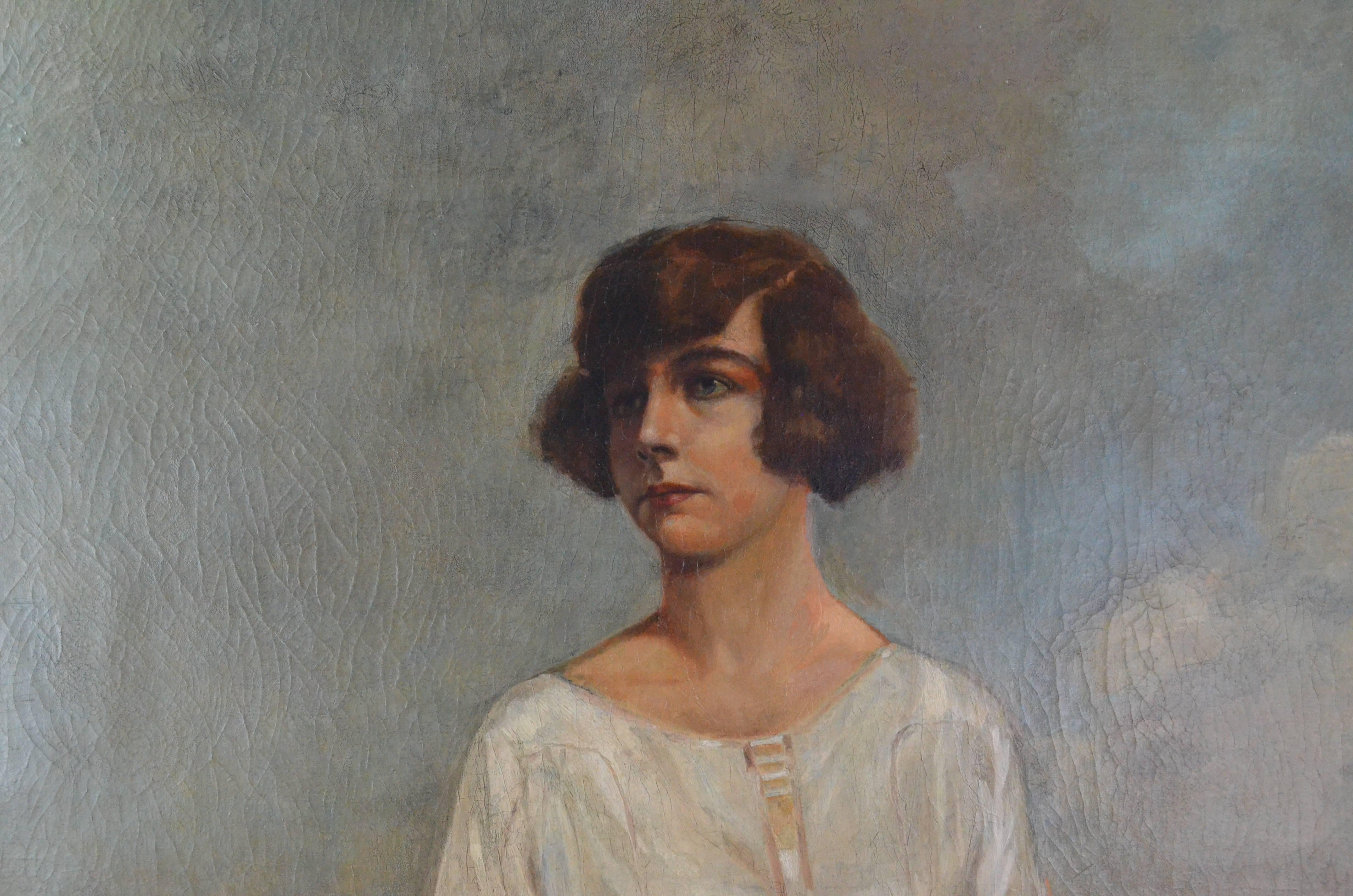 Art Deco Painting Young Woman Portrait Oil on Canvas, Dated 1920 1