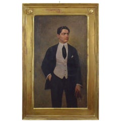 Antique Luigi Anderwill Painting Man Portrait Oil on Canvas Wood Gold Foil Frame, 1910