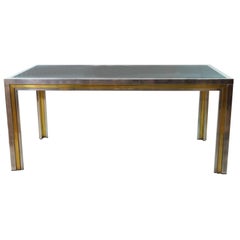 Italian Rectangular Brass and Steel Smoked Crystal Top Vintage Table, 1970s