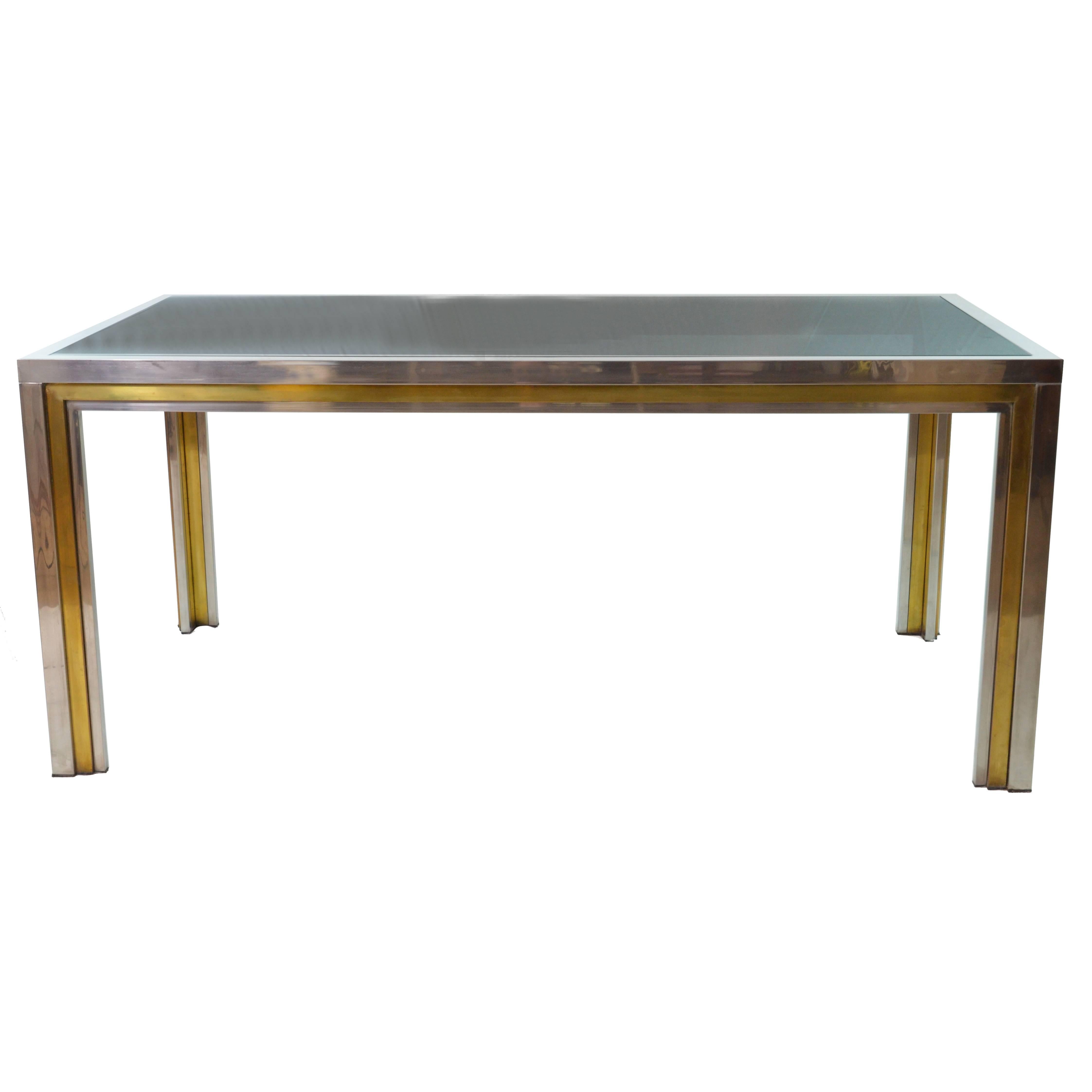 Italian Rectangular Brass and Steel Smoked Crystal Top Vintage Table, 1970s 5
