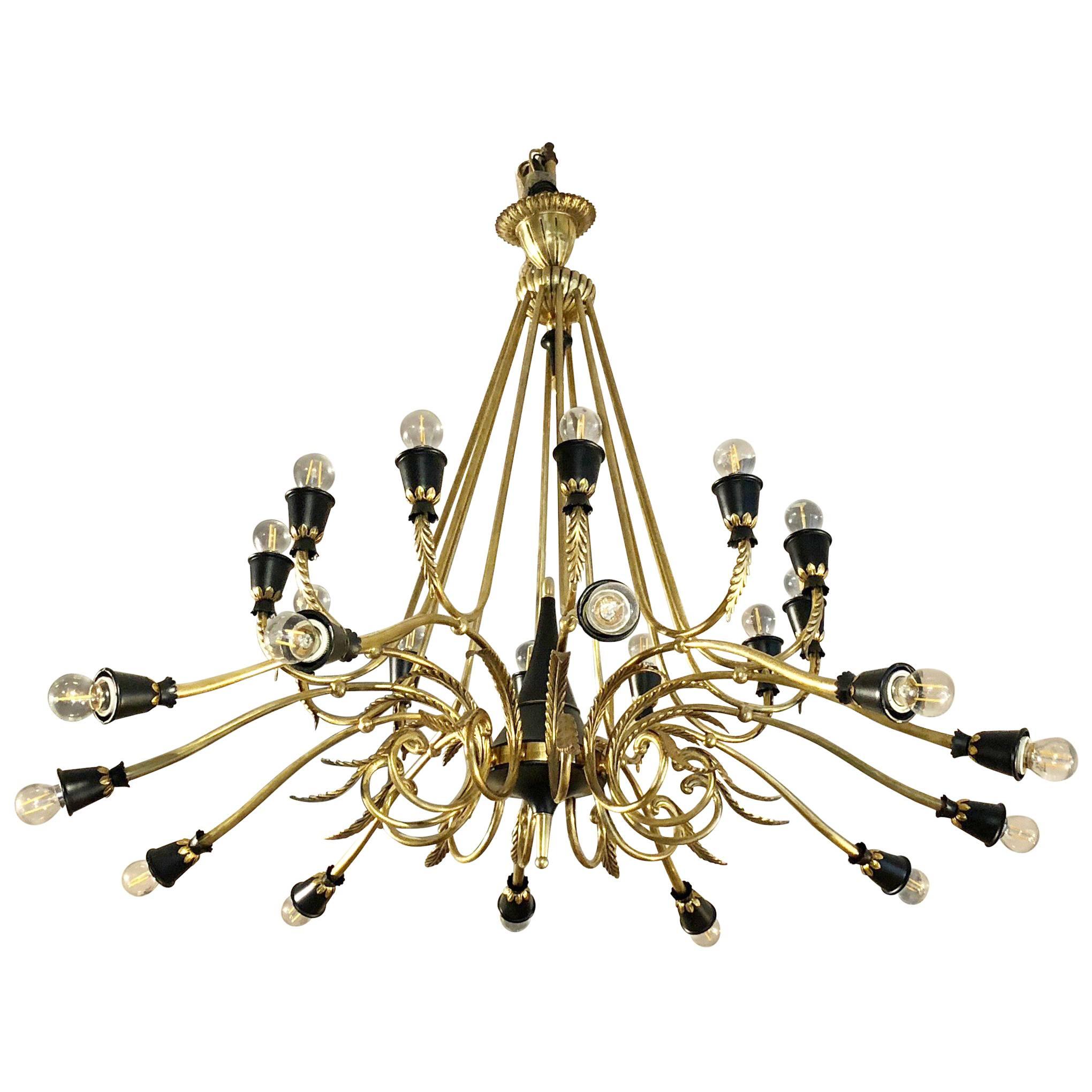 1950s Italian Empire Style Brass and Black Lacquer Chandelier