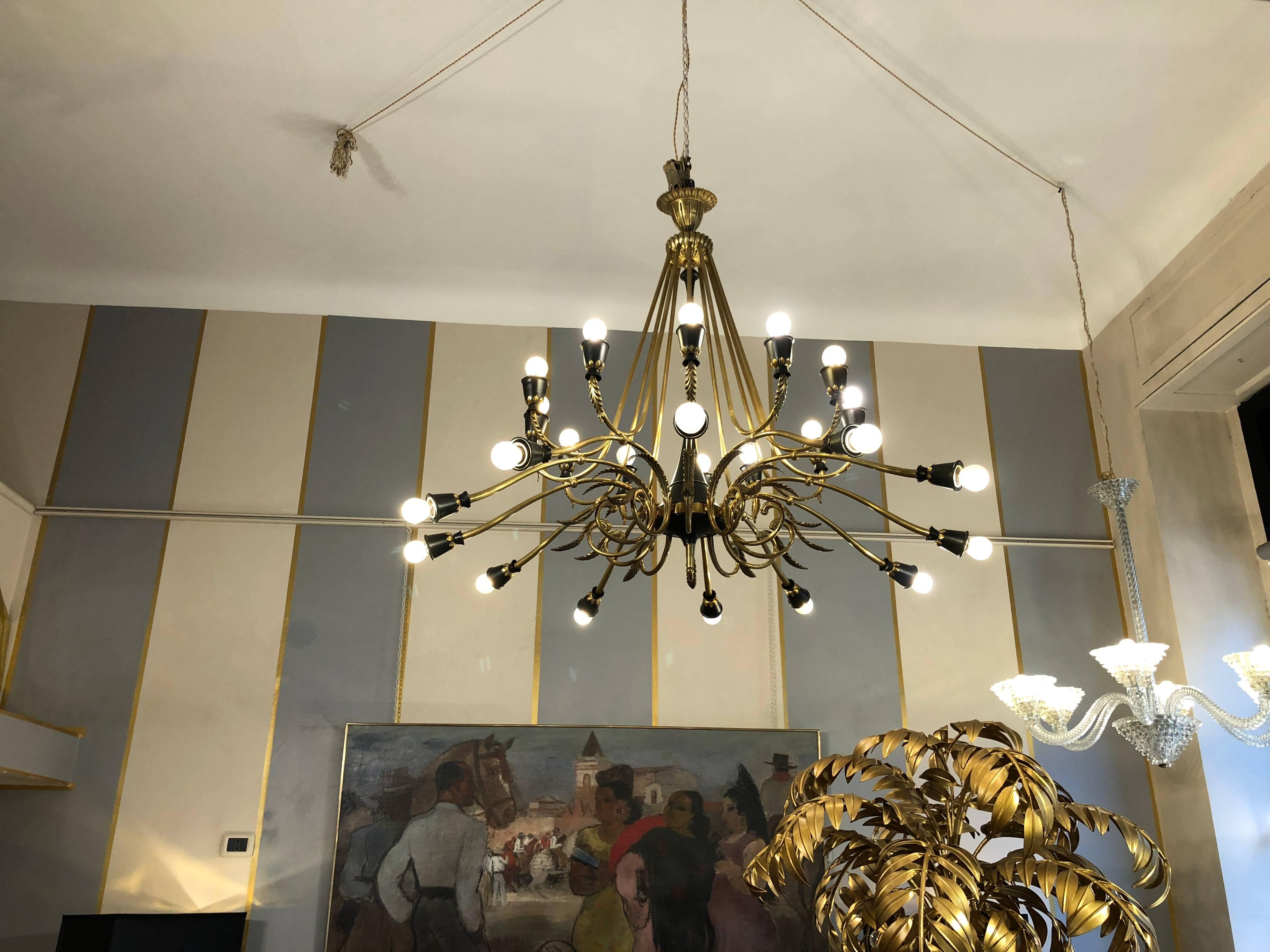20th Century 1950s Italian Empire Style Brass and Black Lacquer Chandelier