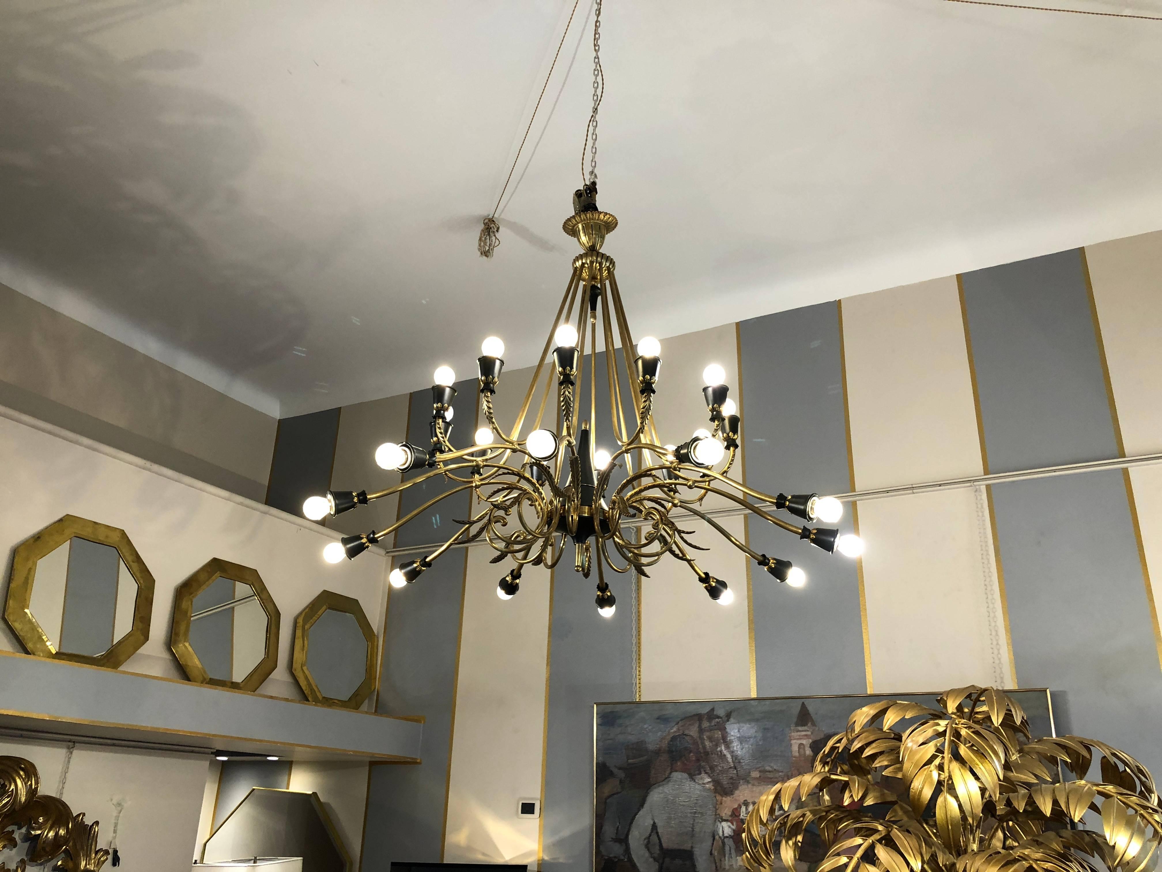 1950s Italian Empire Style Brass and Black Lacquer Chandelier 1