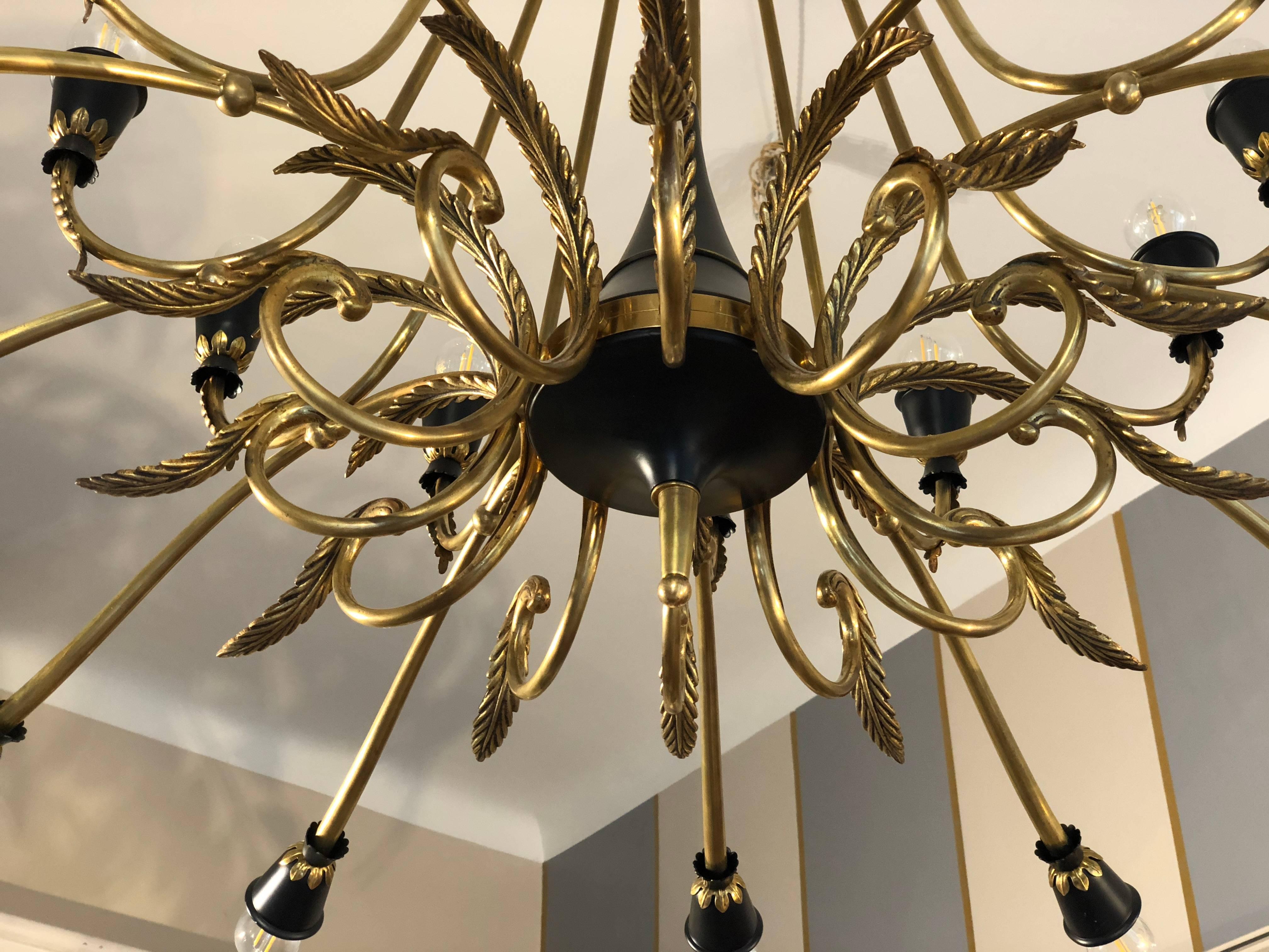 1950s Italian Empire Style Brass and Black Lacquer Chandelier 2