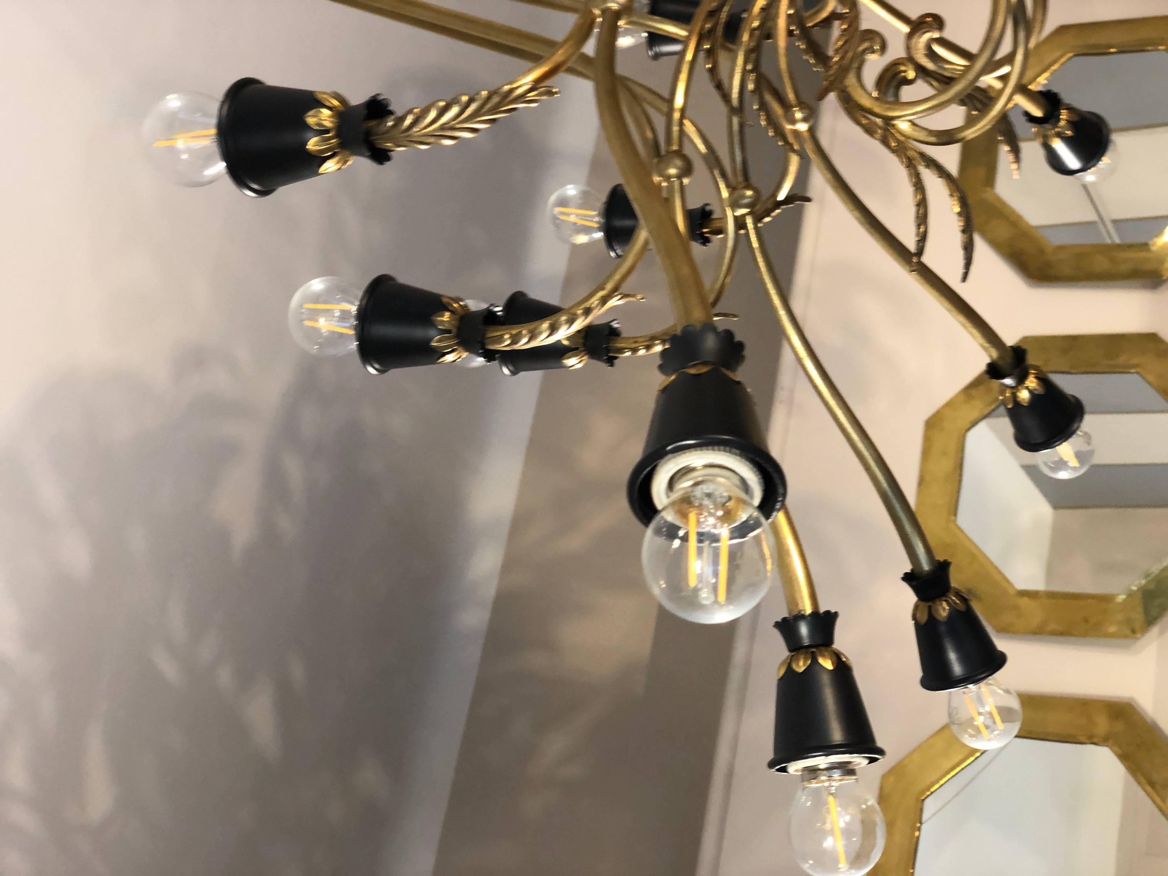1950s Italian Empire Style Brass and Black Lacquer Chandelier 5