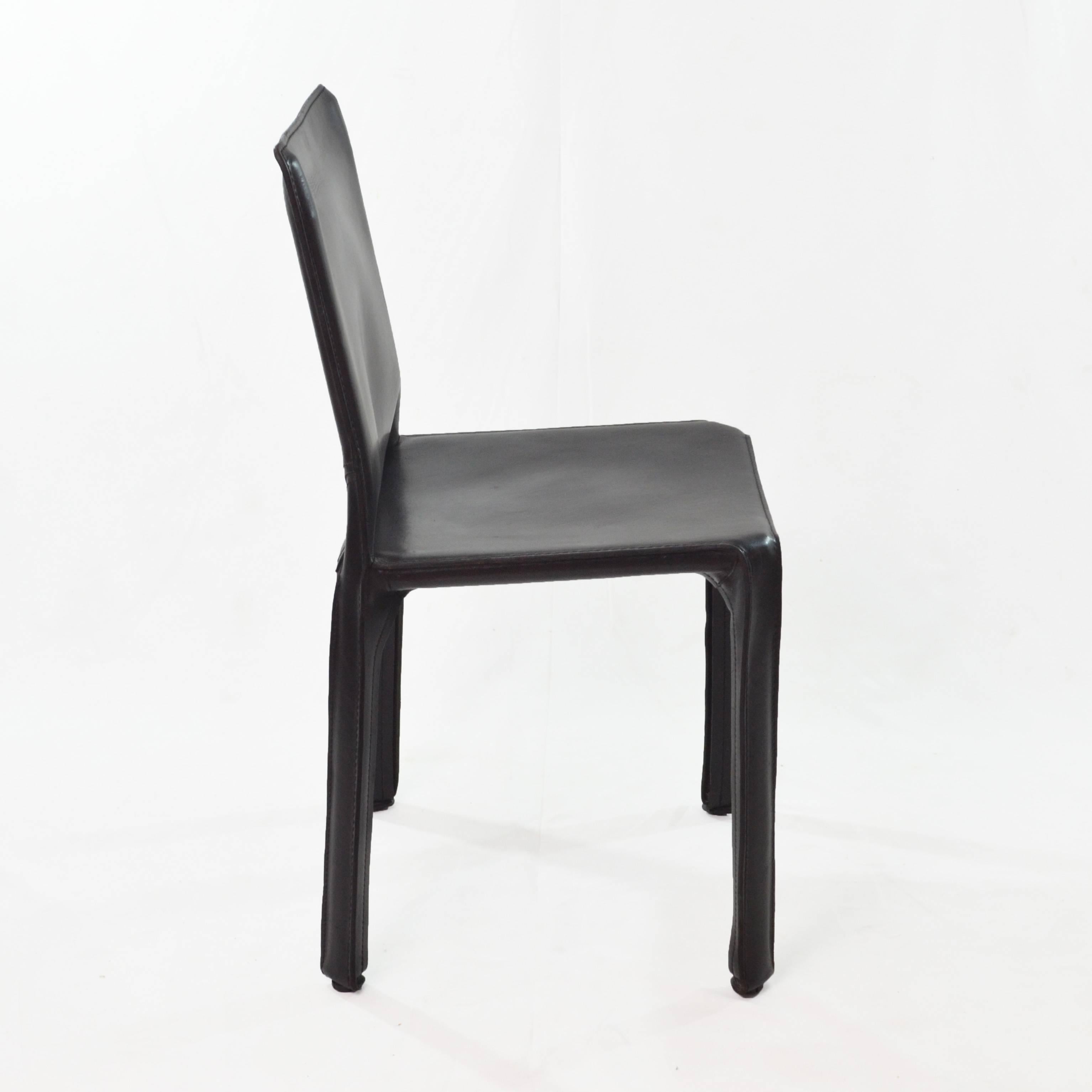 20th Century Black Leather Italian Cab 412 Chairs for Cassina by Mario Bellini Designer, 1980