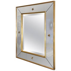 Art Deco Rectangular Mirror with Brass Stars Decoration and Smoked Mirror Frame