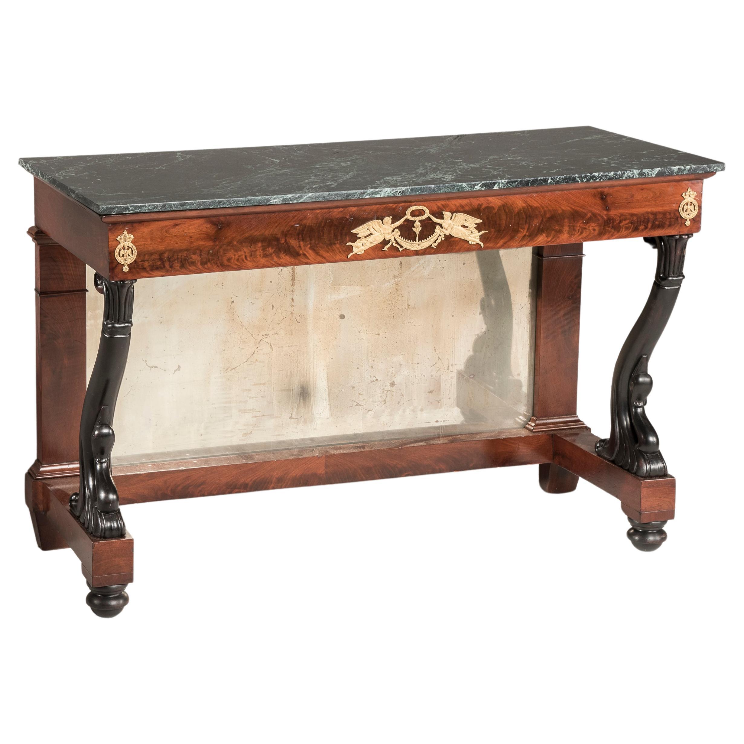 Wood and Bronzes Empire Console Table with Marble Top Antique Mirror back