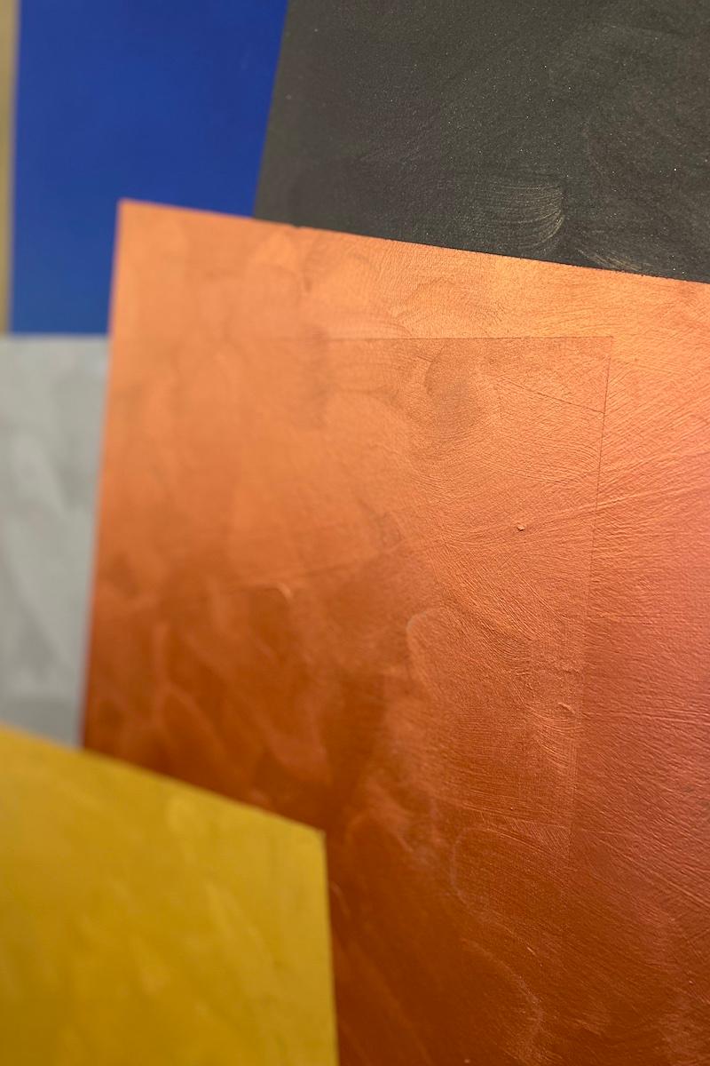 Abstraktes Gemälde von Visentin aus den 1970er Jahren, das eine Stadt darstellt (Farbe) im Angebot