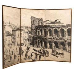 Large room divider with a print of Piazza Bra in Verona, Italy, with brass edges