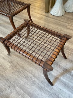 Klismos Bench Made of Wood with Saber Legs and Woven Leather