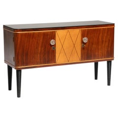 Small Art Deco walnut and maple sideboard with original handles