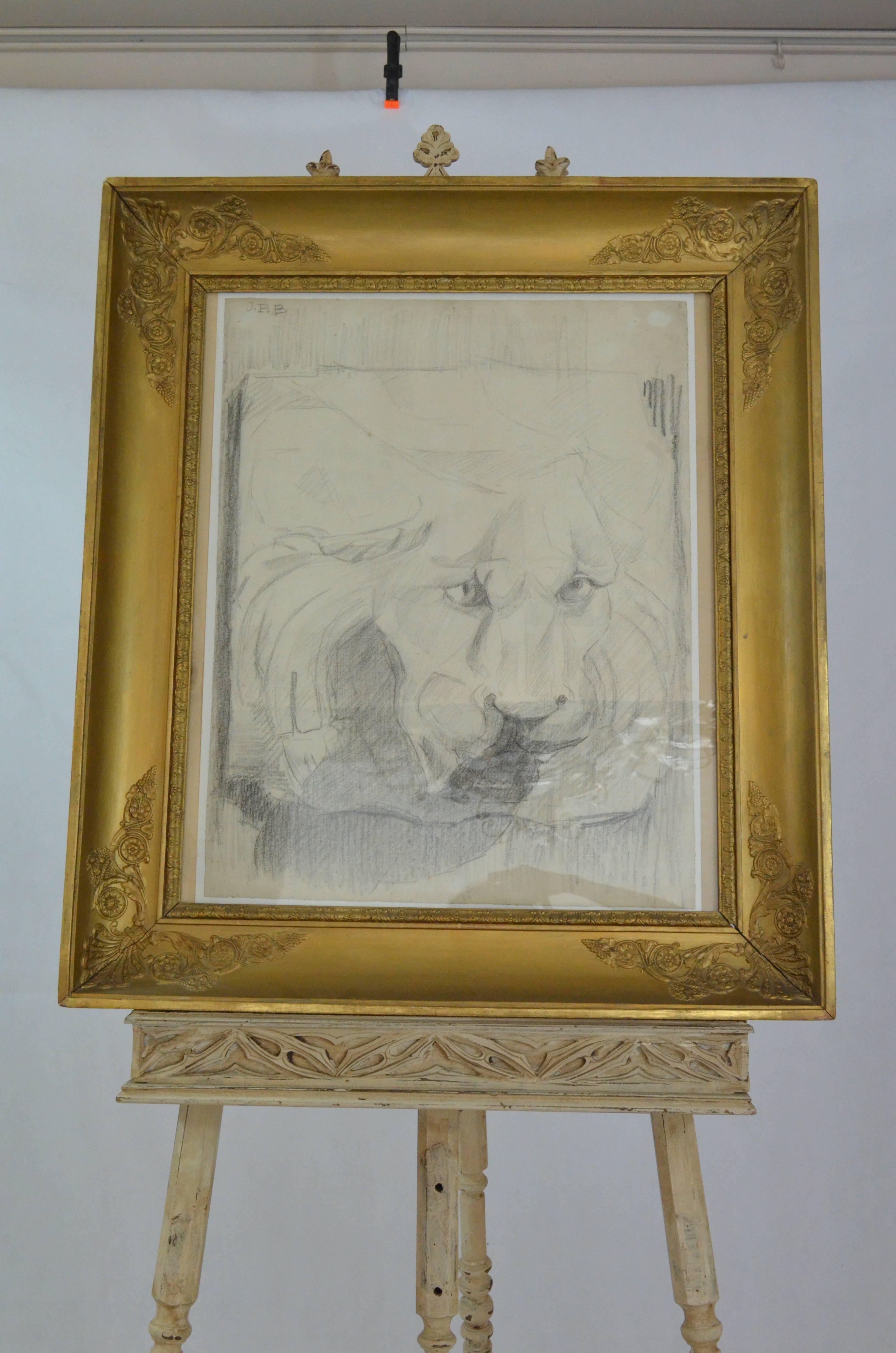 Here you have a charcoal particular drawing representing a lion framed by a precious Empire gold foil frame. The drawing is from the early 20th century, the frame is from early 19th century, featuring the original gold foil and the typical